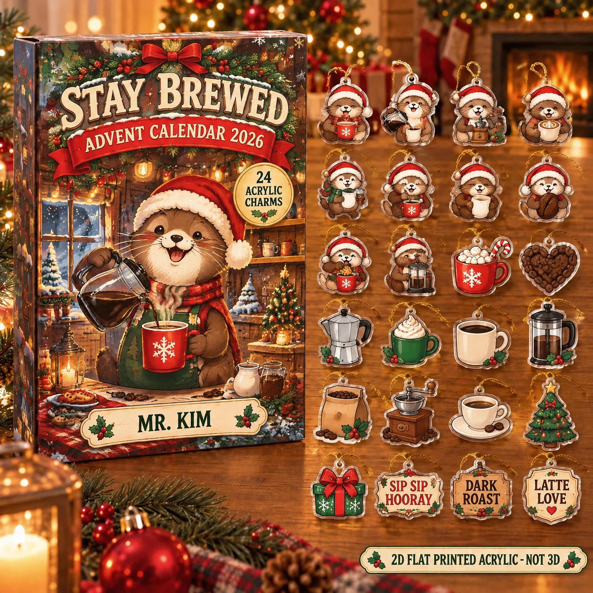 Personalized Coffee Lover Otter advent calendar box with 24 flat acrylic Christmas charms