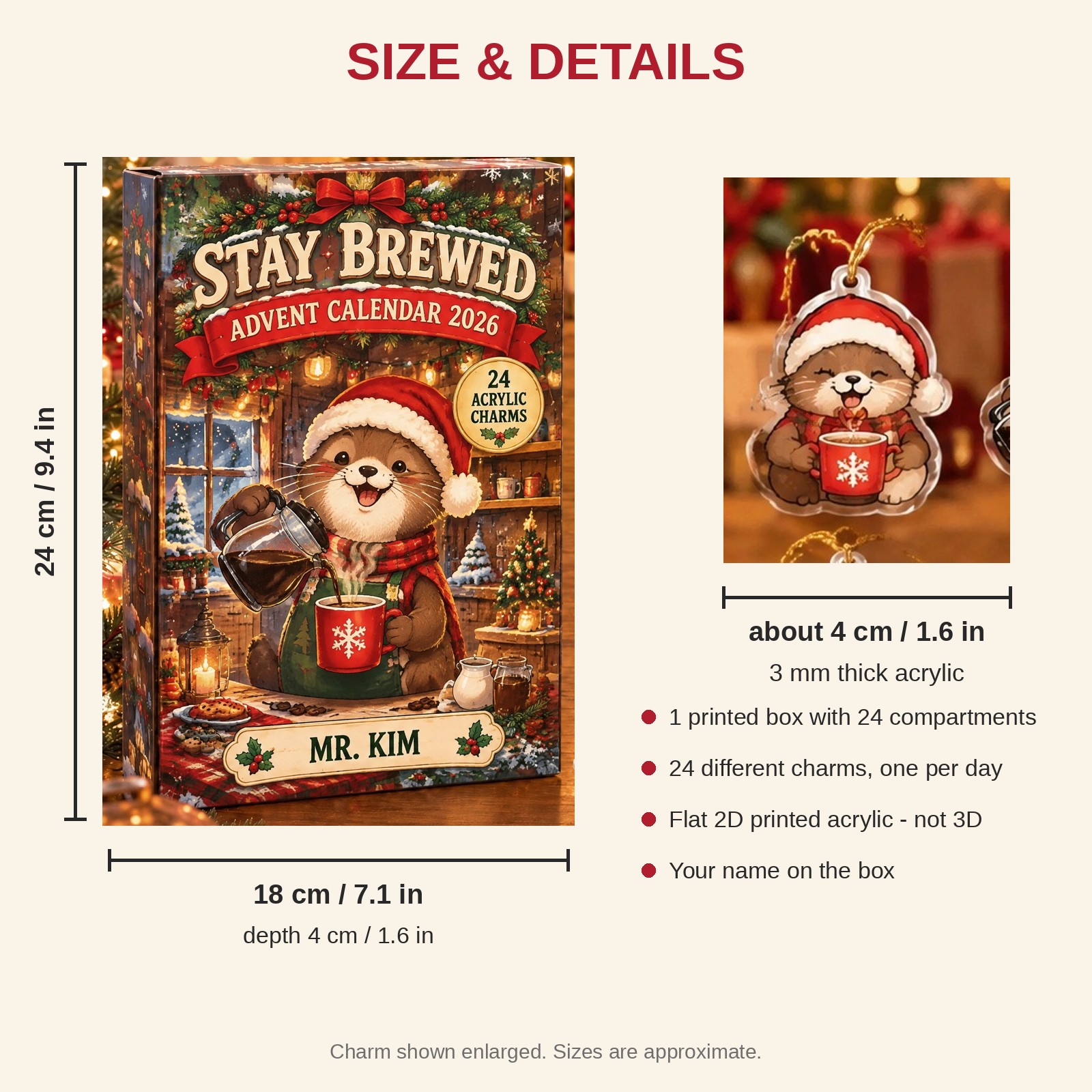 Personalized Coffee Lover Otter advent calendar box with 24 flat acrylic Christmas charms: box and charm sizes