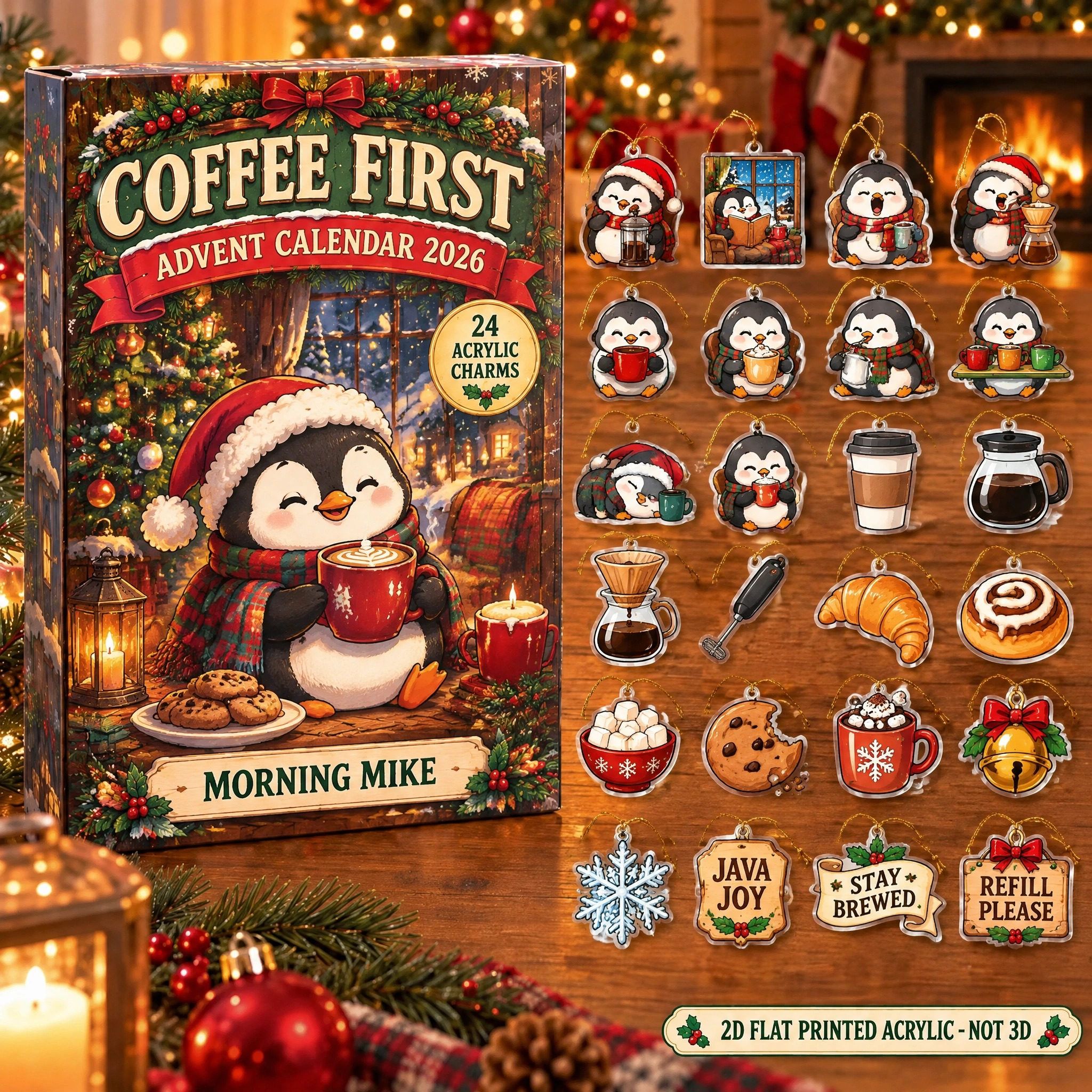 Personalized Coffee Lover Penguin advent calendar box with 24 flat acrylic Christmas charms