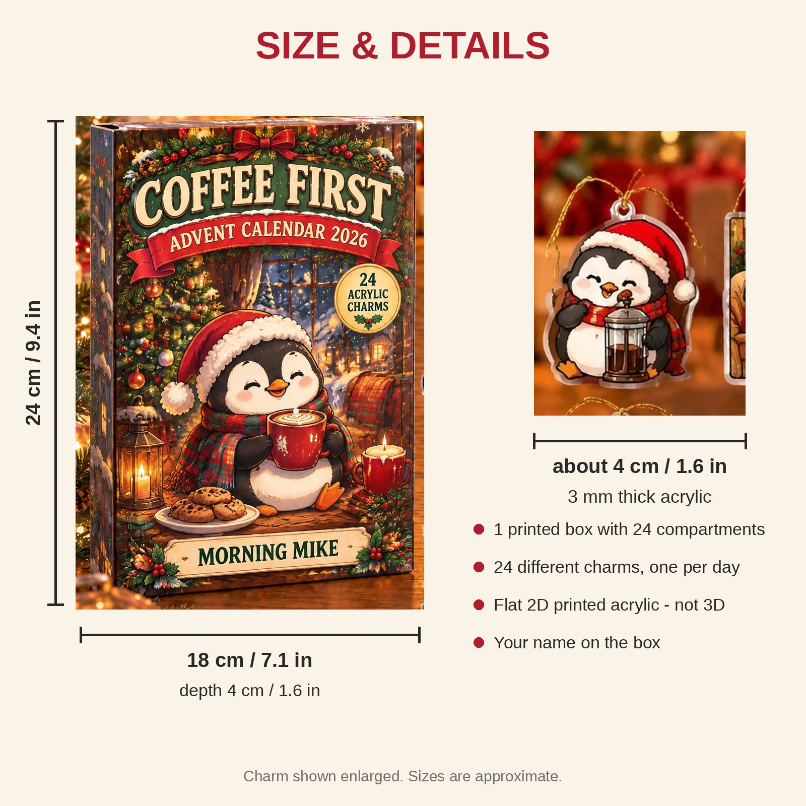 Personalized Coffee Lover Penguin advent calendar box with 24 flat acrylic Christmas charms: box and charm sizes