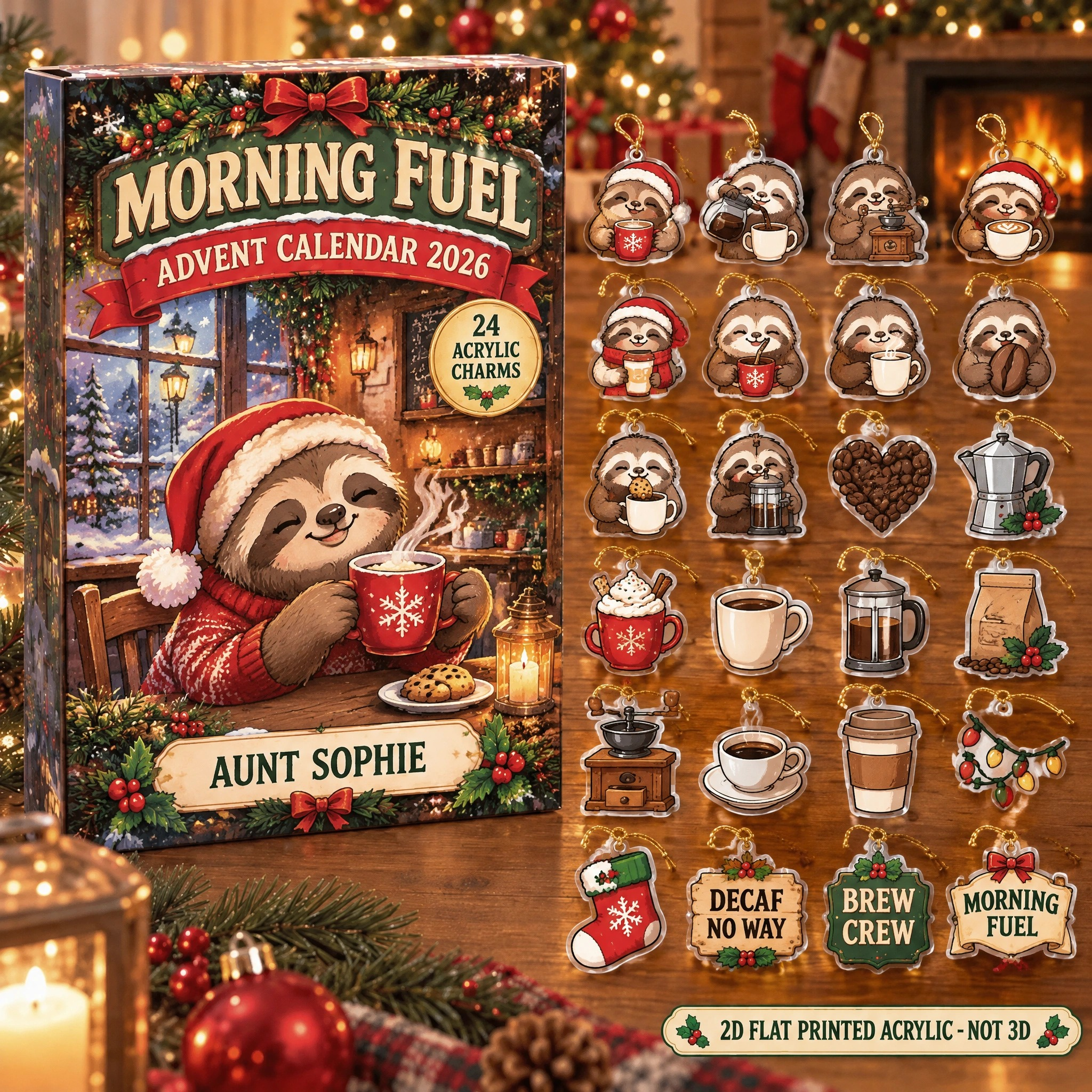 Personalized Coffee Lover Sloth advent calendar box with 24 flat acrylic Christmas charms