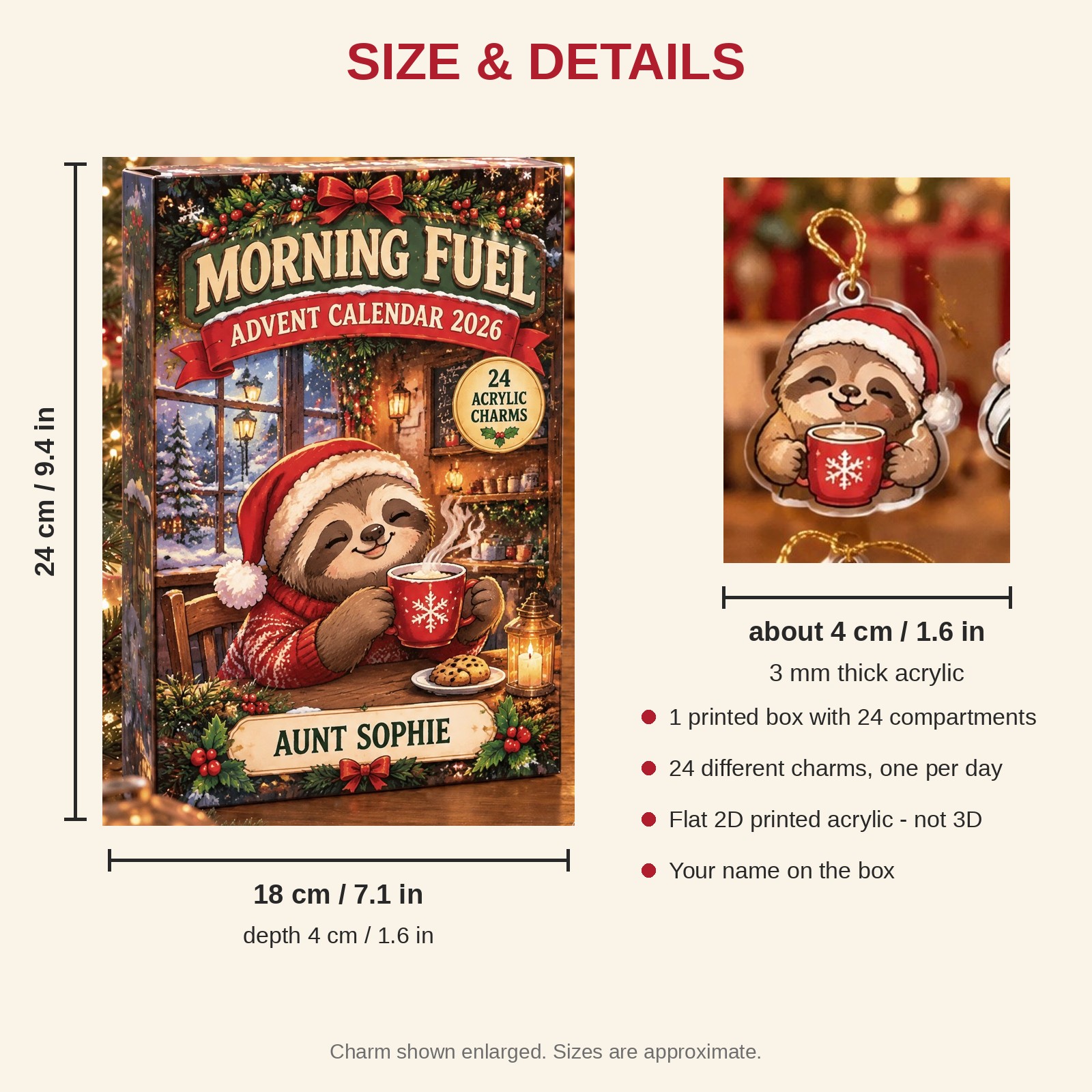 Personalized Coffee Lover Sloth advent calendar box with 24 flat acrylic Christmas charms: box and charm sizes