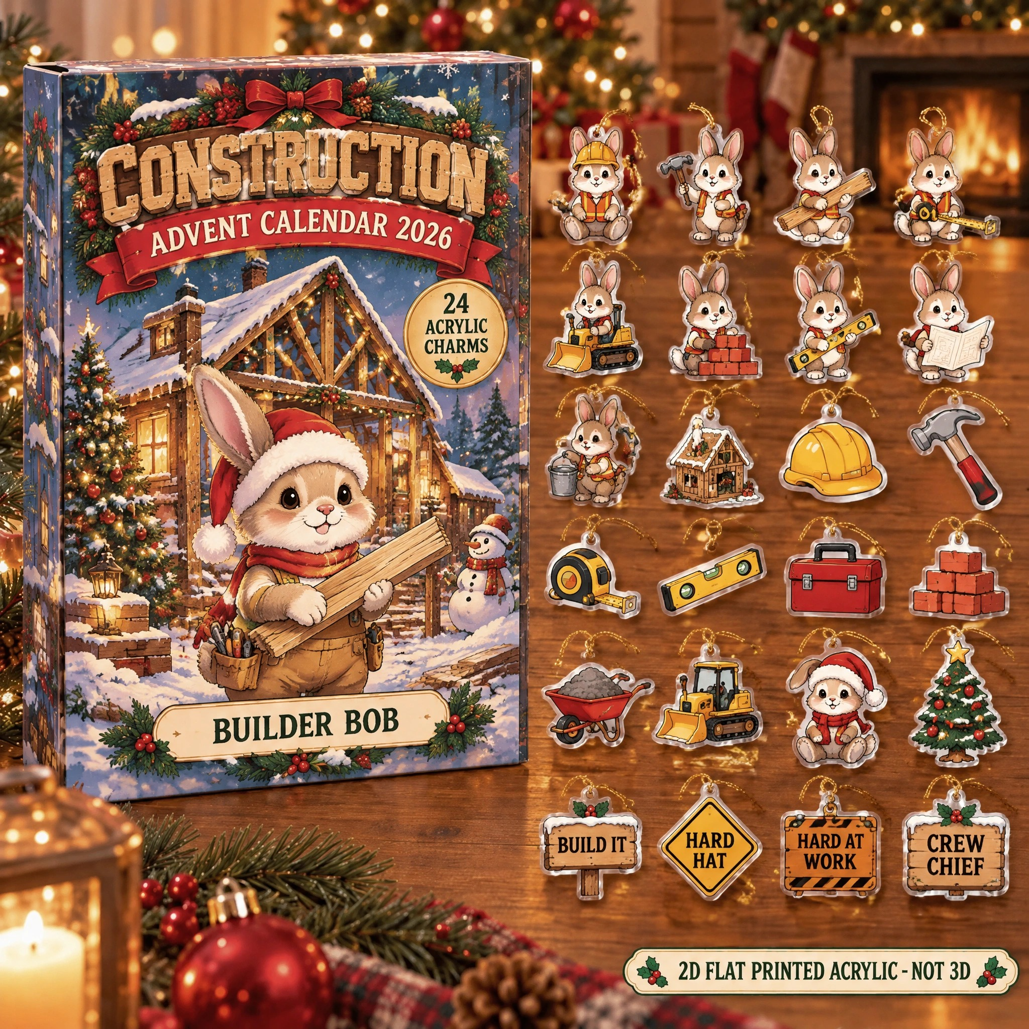Personalized Construction Worker Bunny advent calendar box with 24 flat acrylic Christmas charms