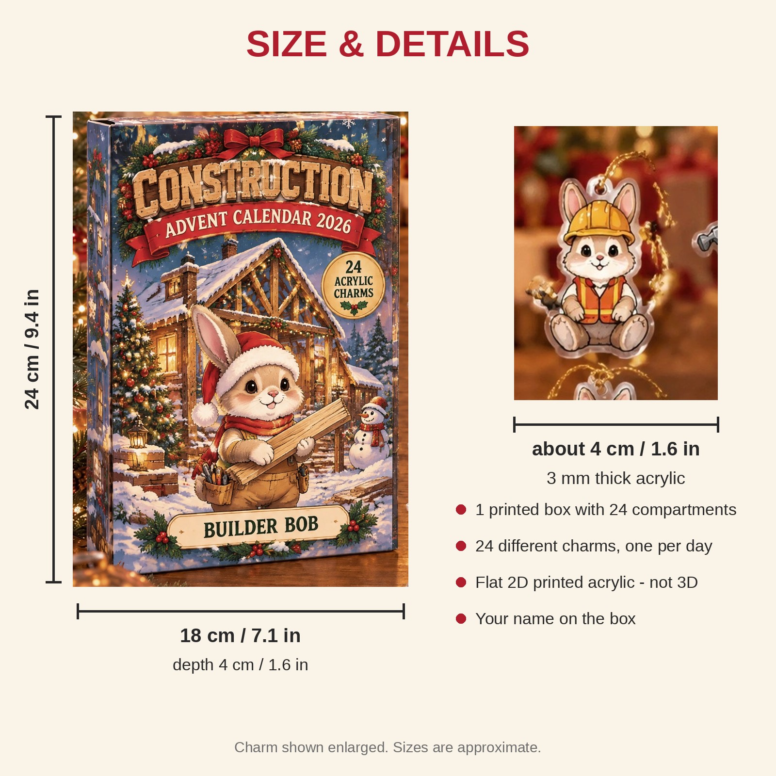 Personalized Construction Worker Bunny advent calendar box with 24 flat acrylic Christmas charms: box and charm sizes