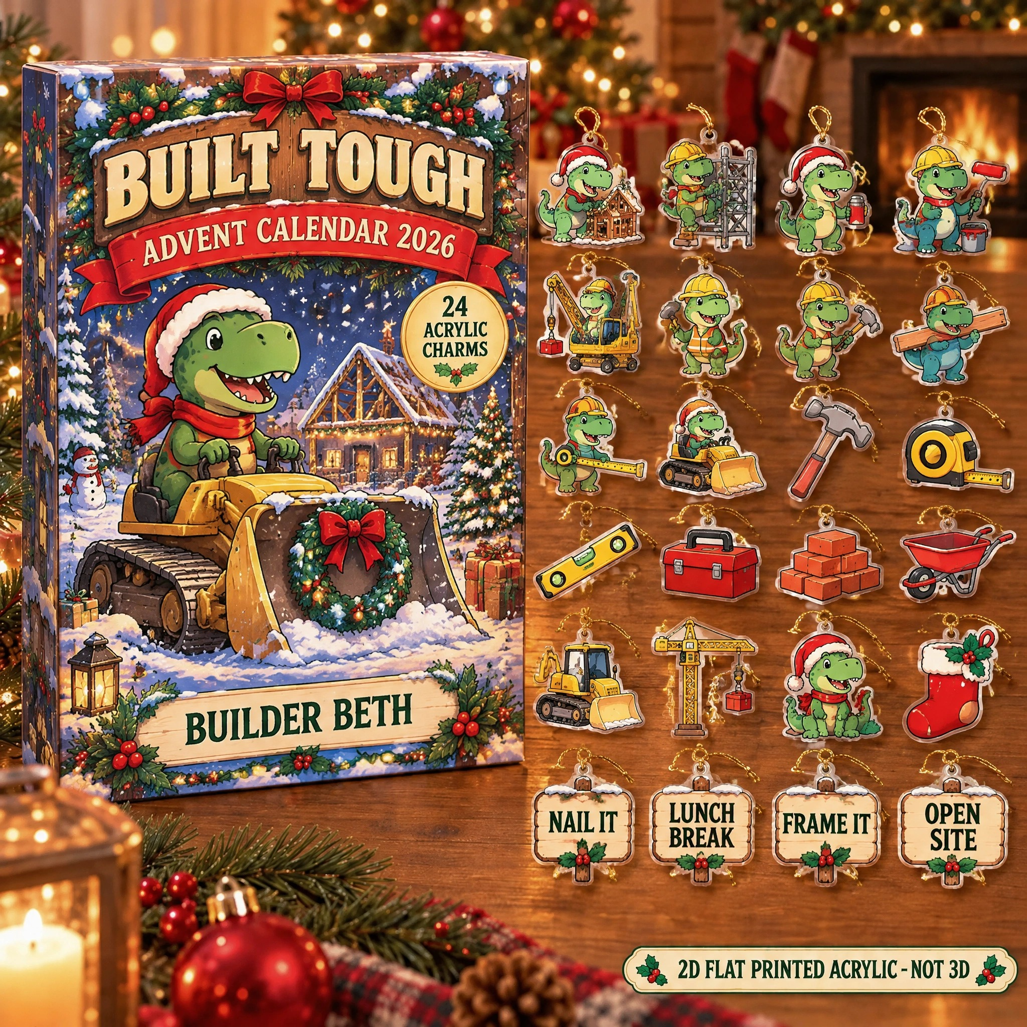 Personalized Construction Worker Dinosaur advent calendar box with 24 flat acrylic Christmas charms