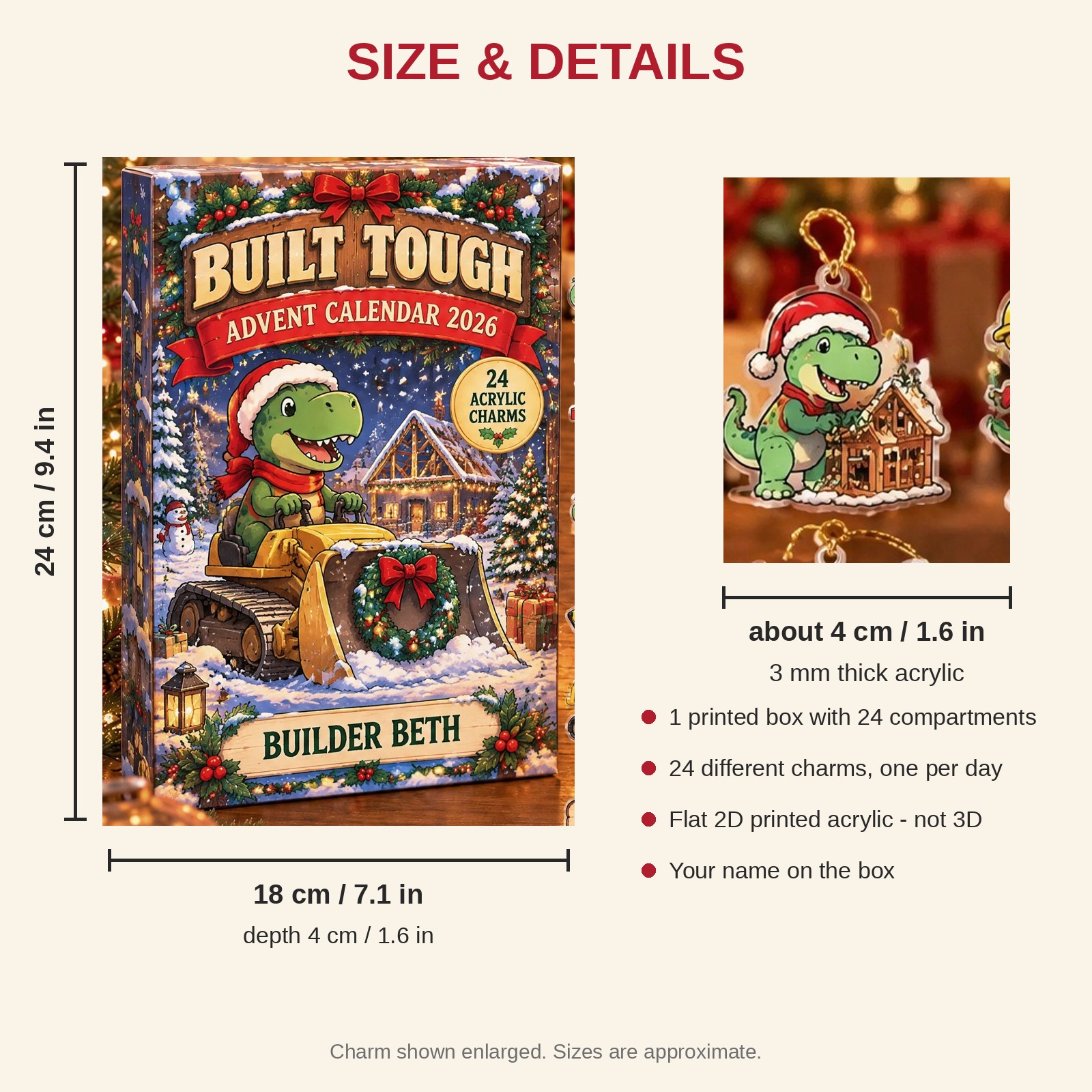 Personalized Construction Worker Dinosaur advent calendar box with 24 flat acrylic Christmas charms: box and charm sizes