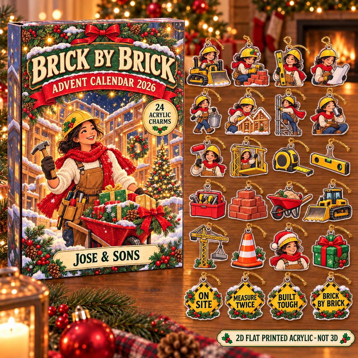 Personalized Builder Essentials advent calendar box with 24 flat acrylic Christmas charms
