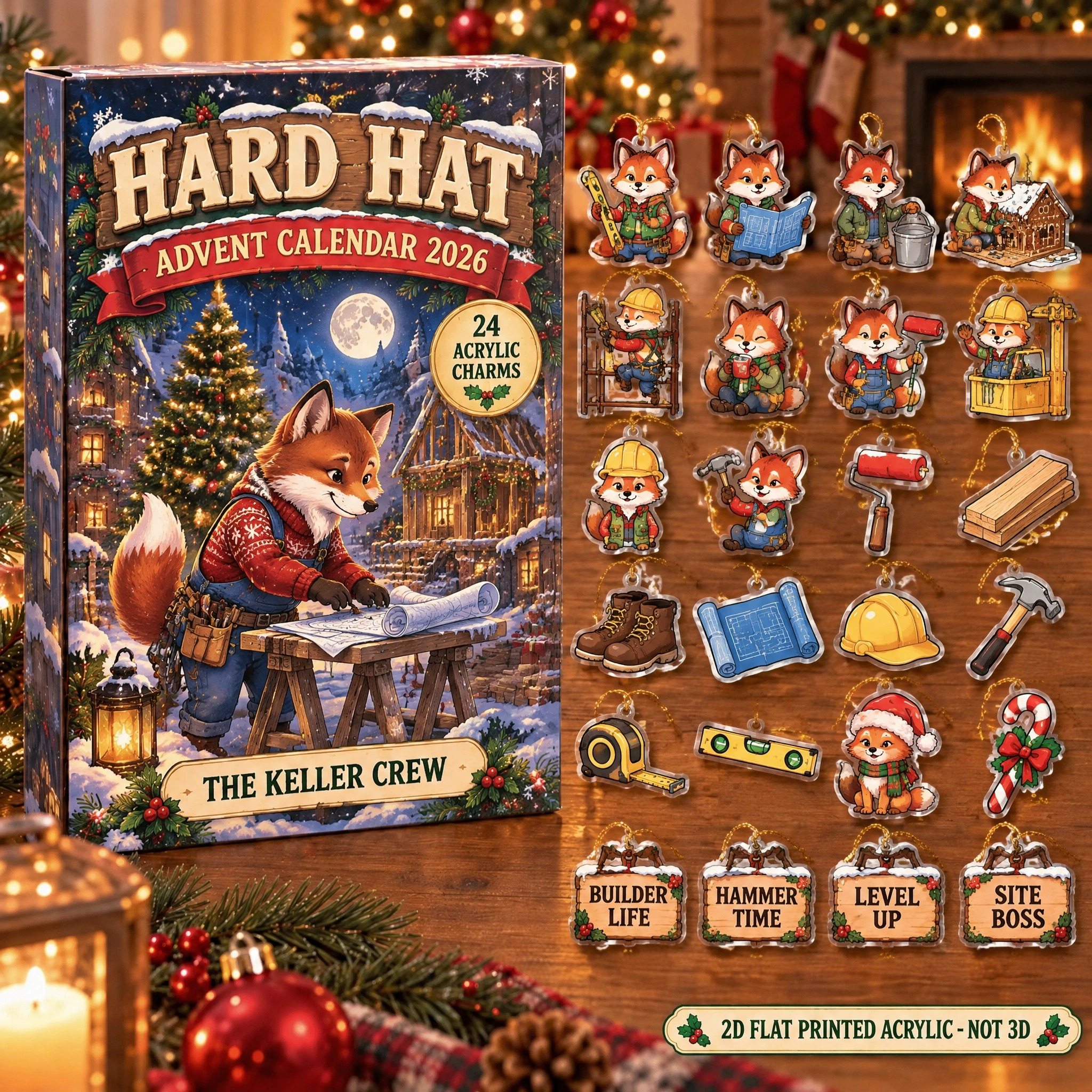 Personalized Construction Worker Fox advent calendar box with 24 flat acrylic Christmas charms