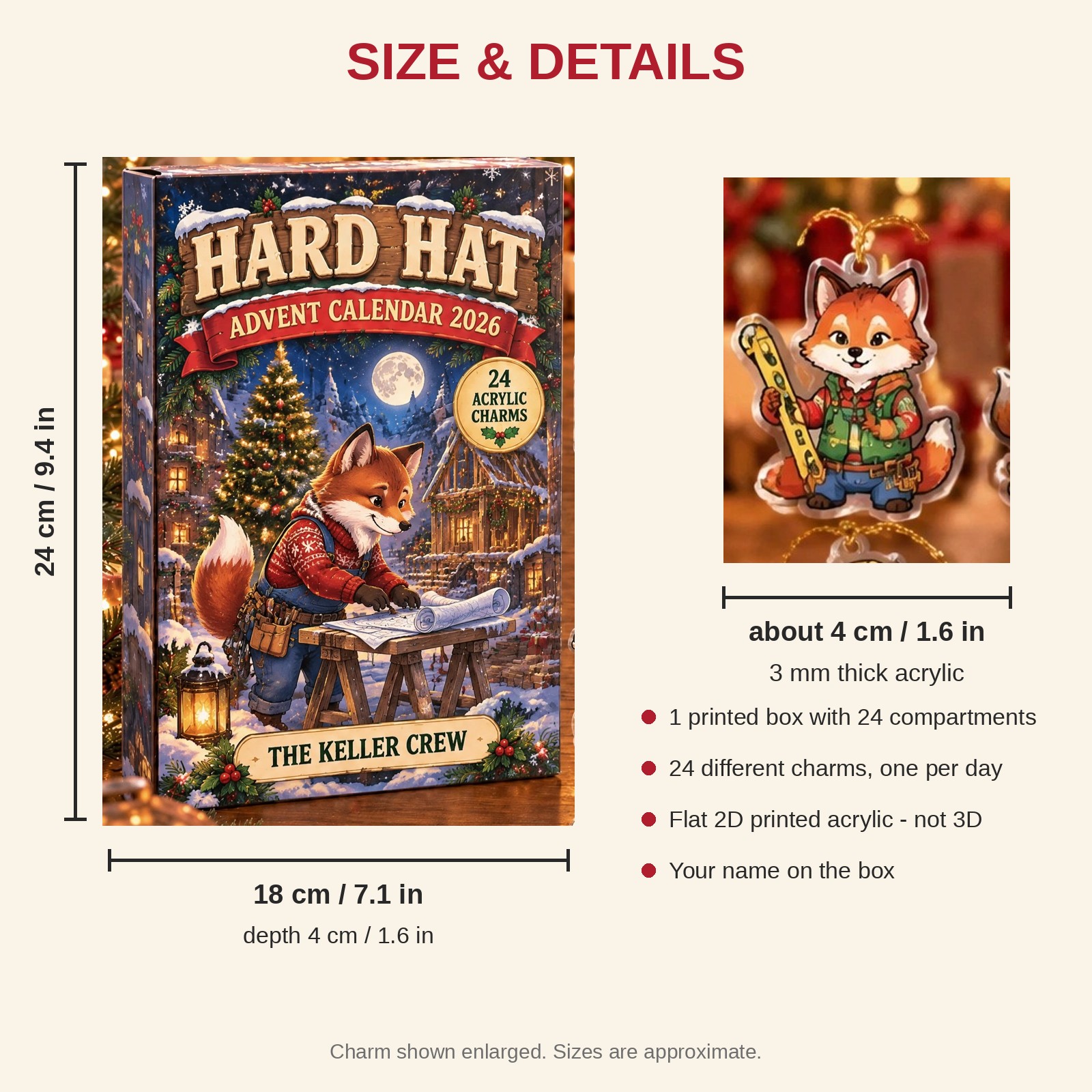 Personalized Construction Worker Fox advent calendar box with 24 flat acrylic Christmas charms: box and charm sizes