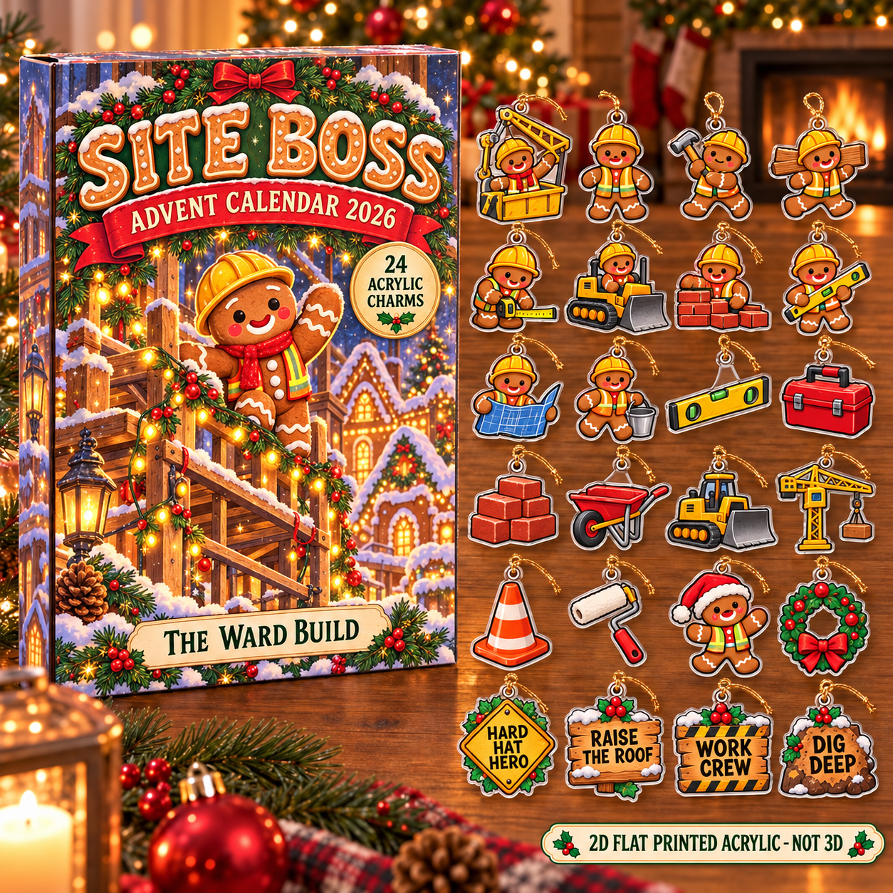 Personalized Builder Gingerbread advent calendar box with 24 flat acrylic Christmas charms