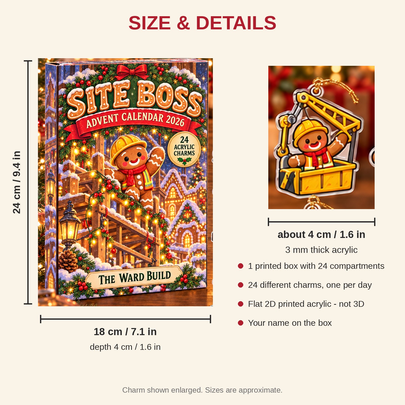 Personalized Builder Gingerbread advent calendar box with 24 flat acrylic Christmas charms: box and charm sizes