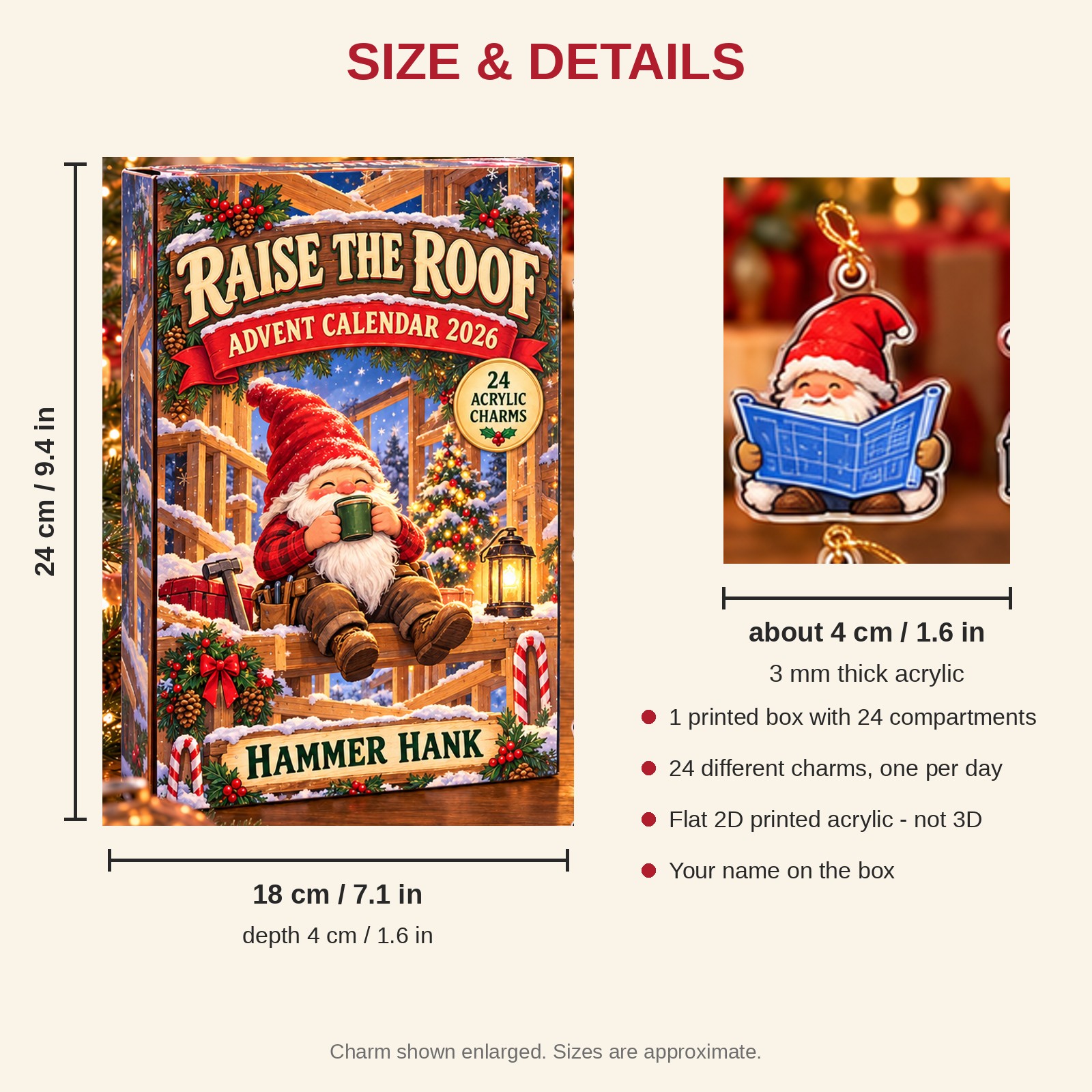 Personalized Construction Worker Gnome advent calendar box with 24 flat acrylic Christmas charms: box and charm sizes
