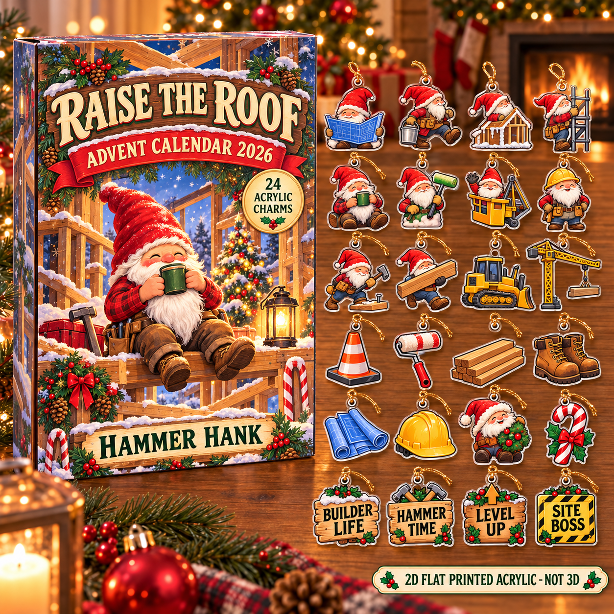 Personalized Construction Worker Gnome advent calendar box with 24 flat acrylic Christmas charms