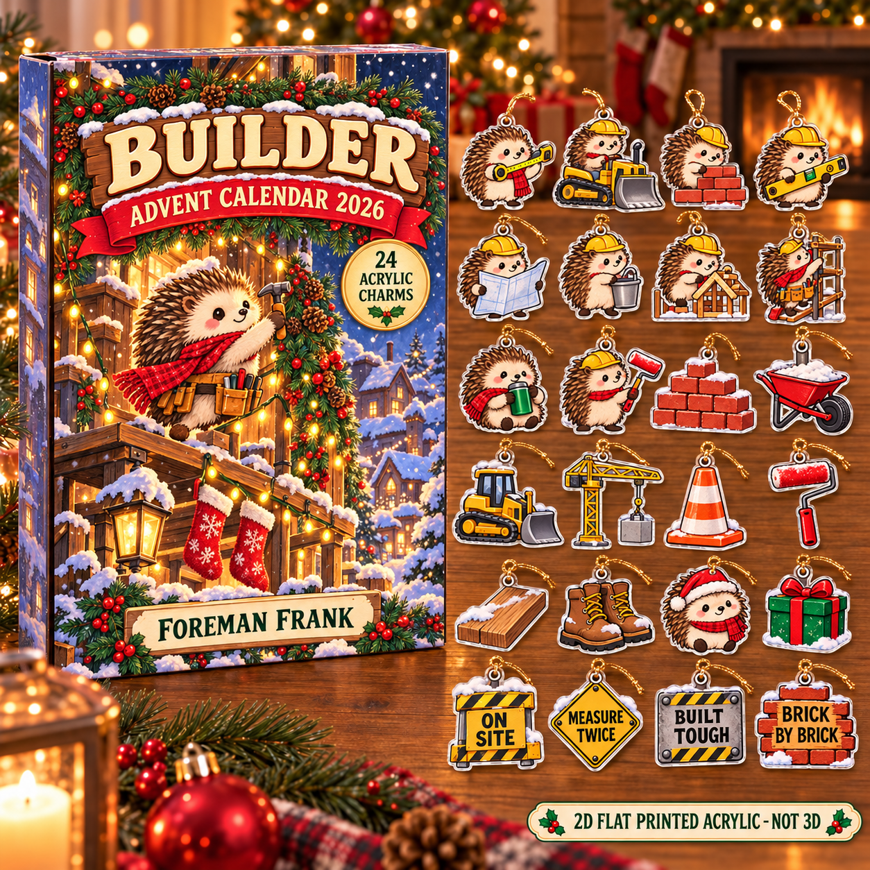 Personalized Construction Worker Hedgehog advent calendar box with 24 flat acrylic Christmas charms