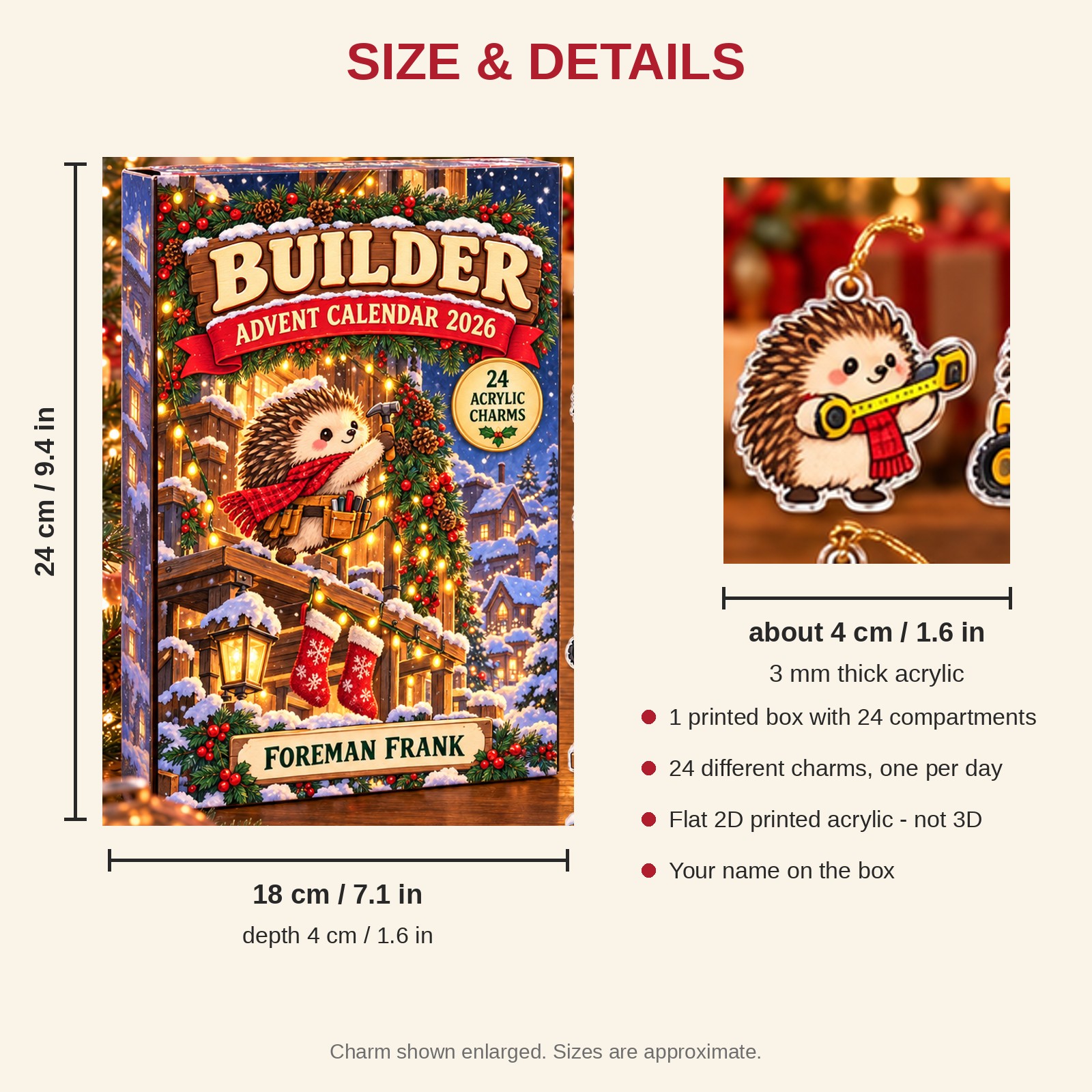 Personalized Construction Worker Hedgehog advent calendar box with 24 flat acrylic Christmas charms: box and charm sizes