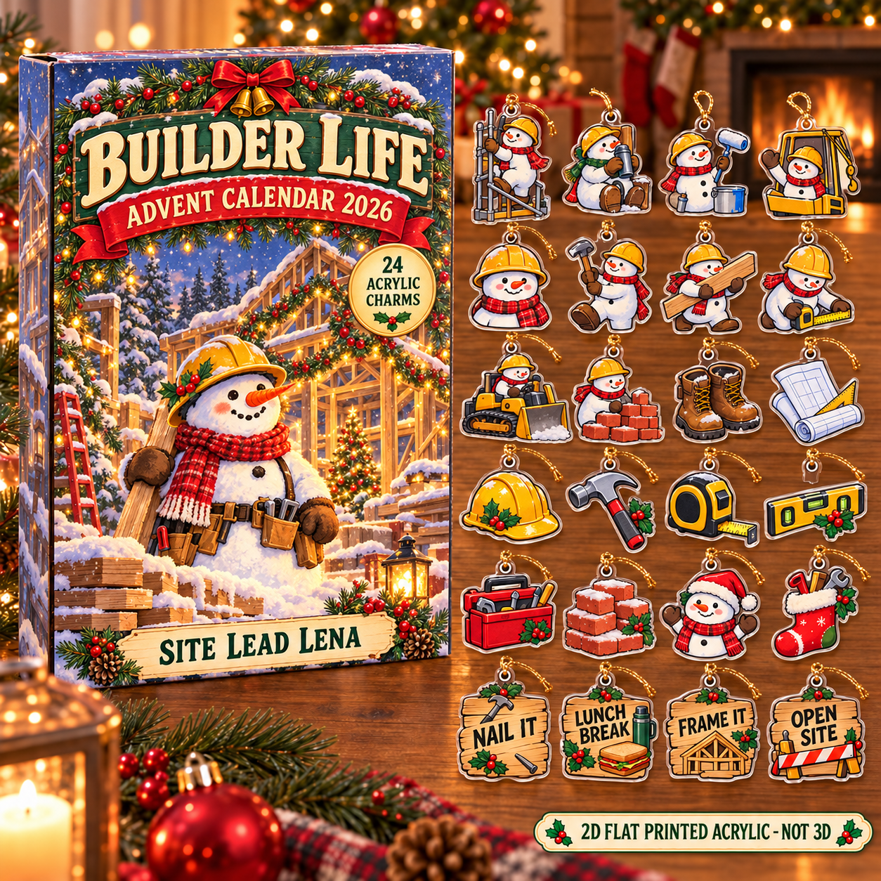 Personalized Construction Worker Snowman advent calendar box with 24 flat acrylic Christmas charms