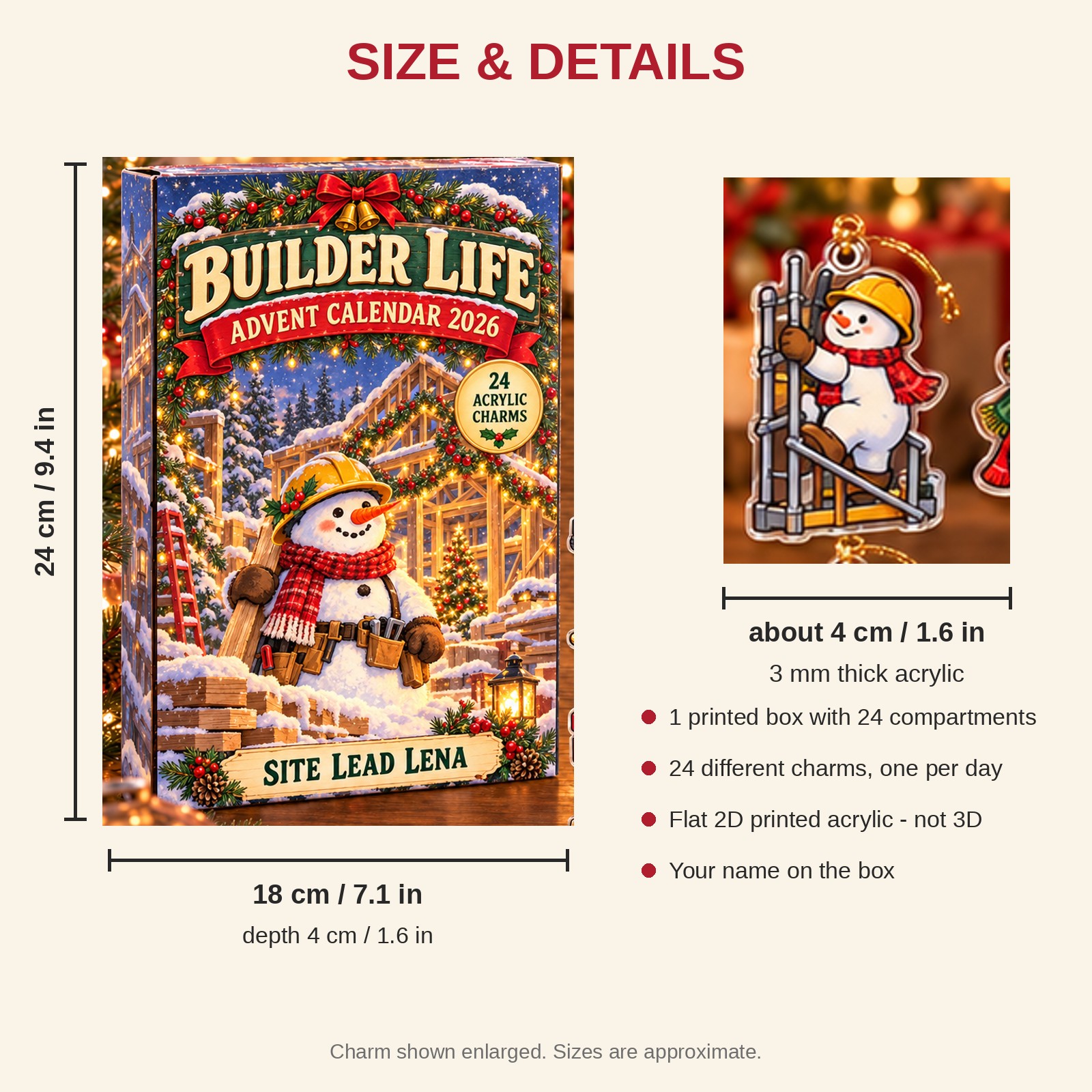 Personalized Construction Worker Snowman advent calendar box with 24 flat acrylic Christmas charms: box and charm sizes