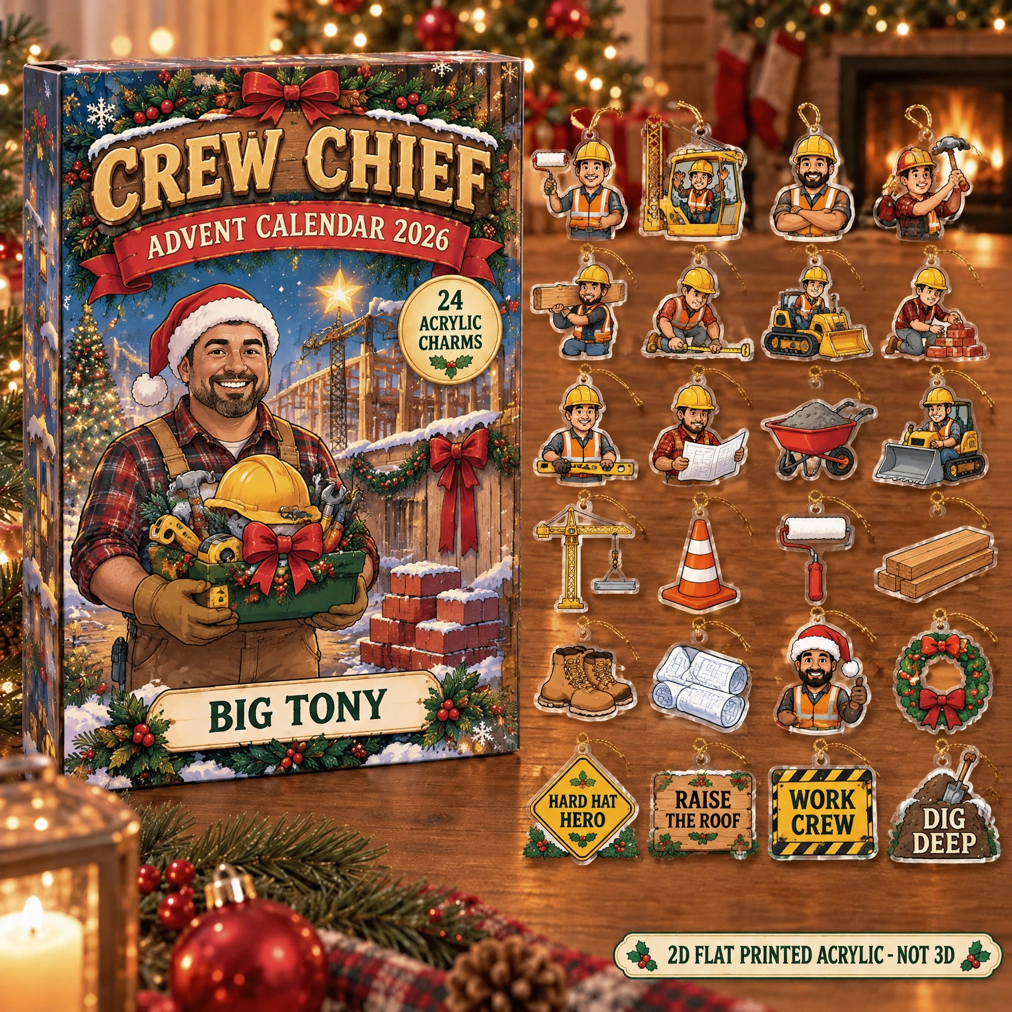 Personalized Builder Survival Kit advent calendar box with 24 flat acrylic Christmas charms