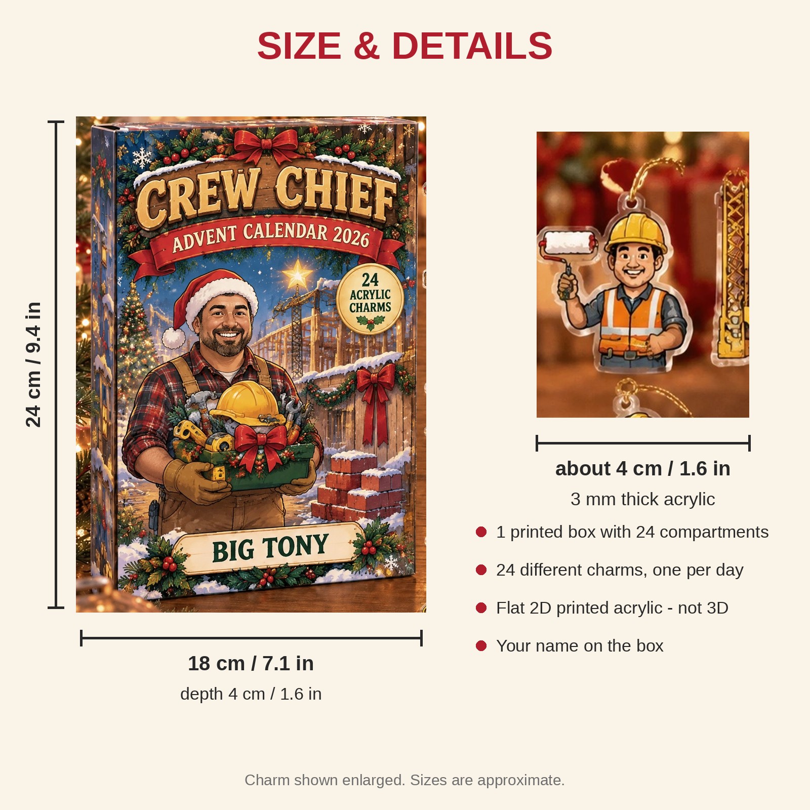 Personalized Builder Survival Kit advent calendar box with 24 flat acrylic Christmas charms: box and charm sizes