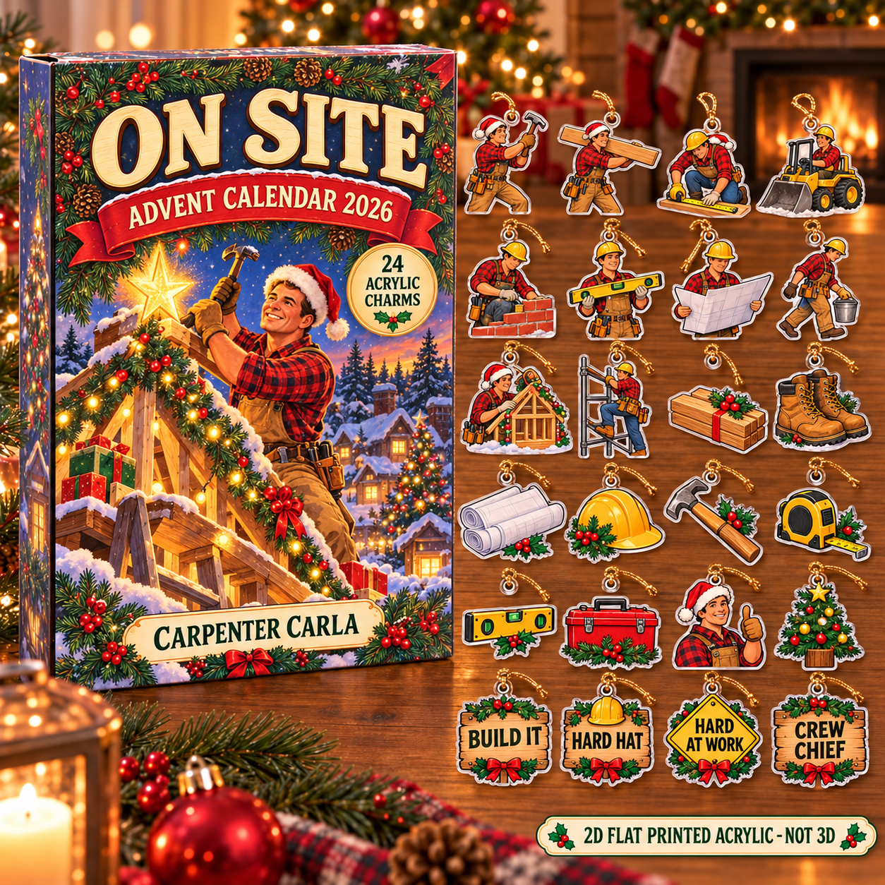 Personalized Vintage Construction Worker advent calendar box with 24 flat acrylic Christmas charms