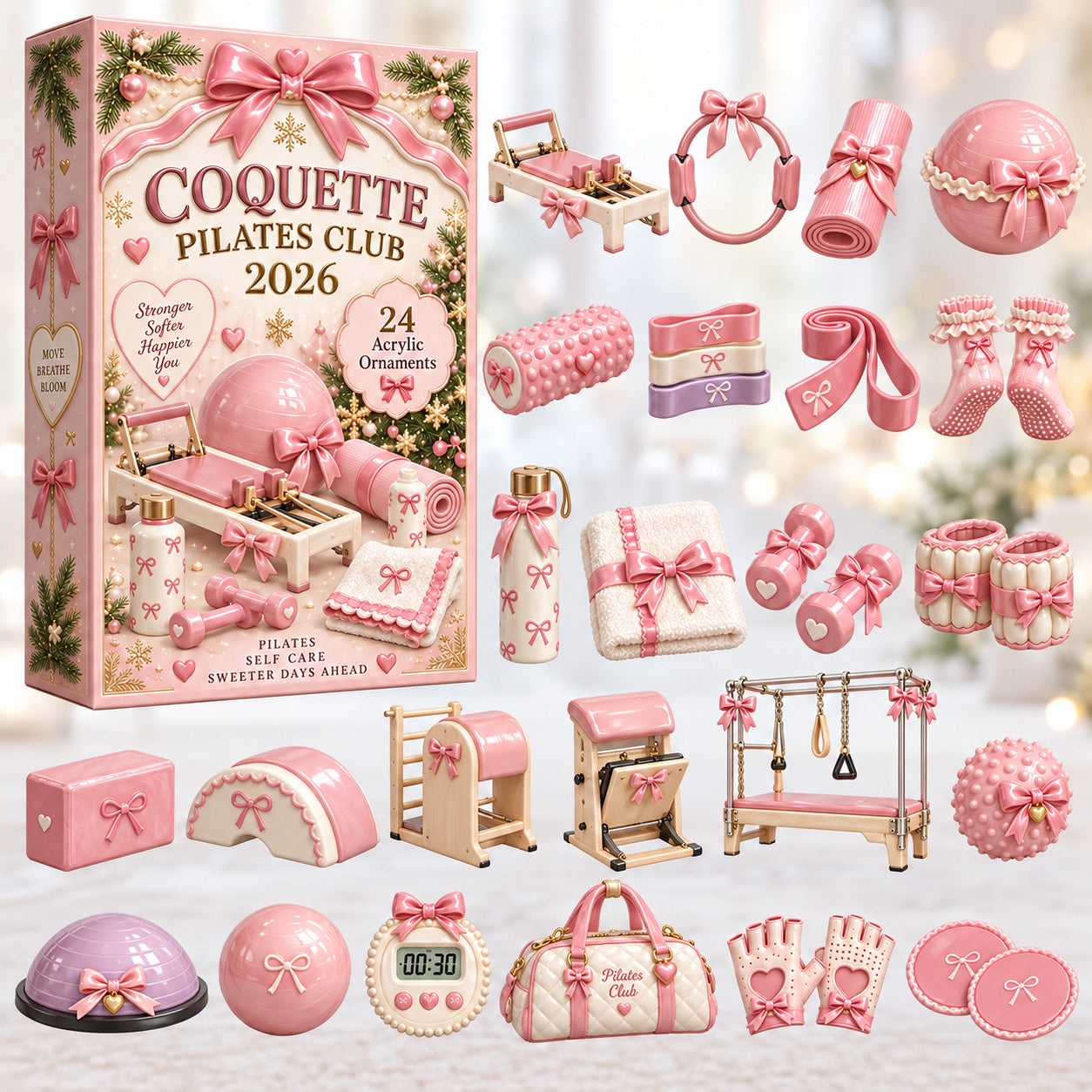 Coquette Pilates Club advent calendar box with 24 acrylic Christmas charms