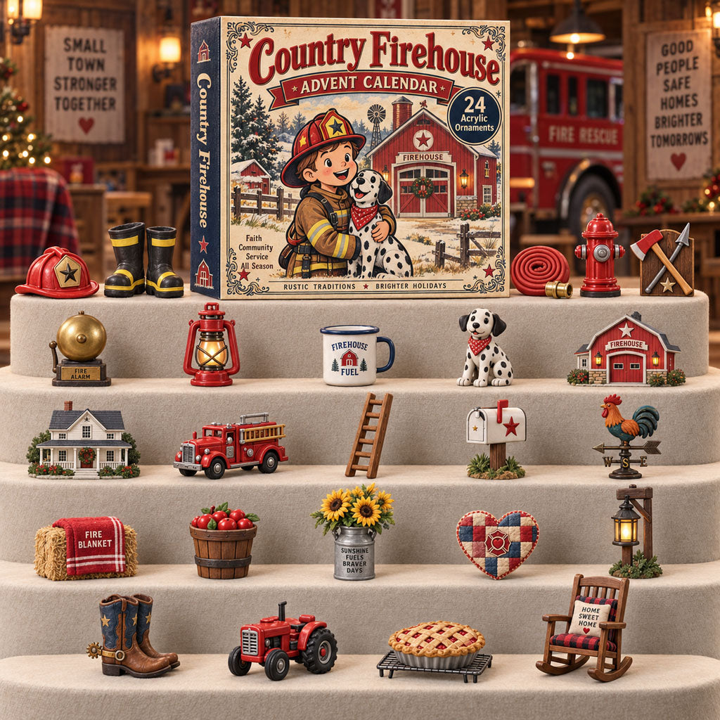 Country Firehouse advent calendar box with 24 acrylic Christmas charms