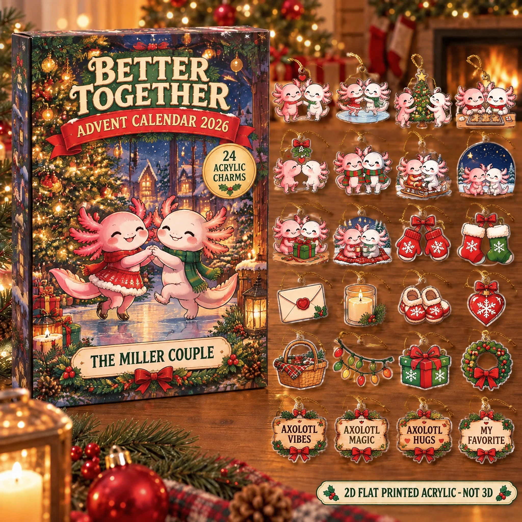 Personalized Axolotl Couple advent calendar box with 24 flat acrylic Christmas charms