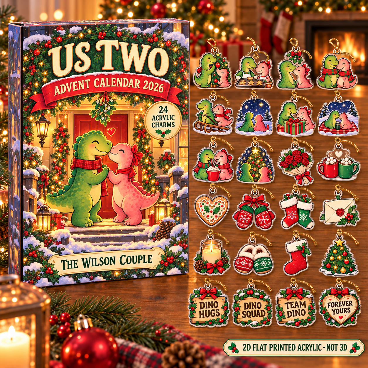 Personalized Dinosaur Couple advent calendar box with 24 flat acrylic Christmas charms