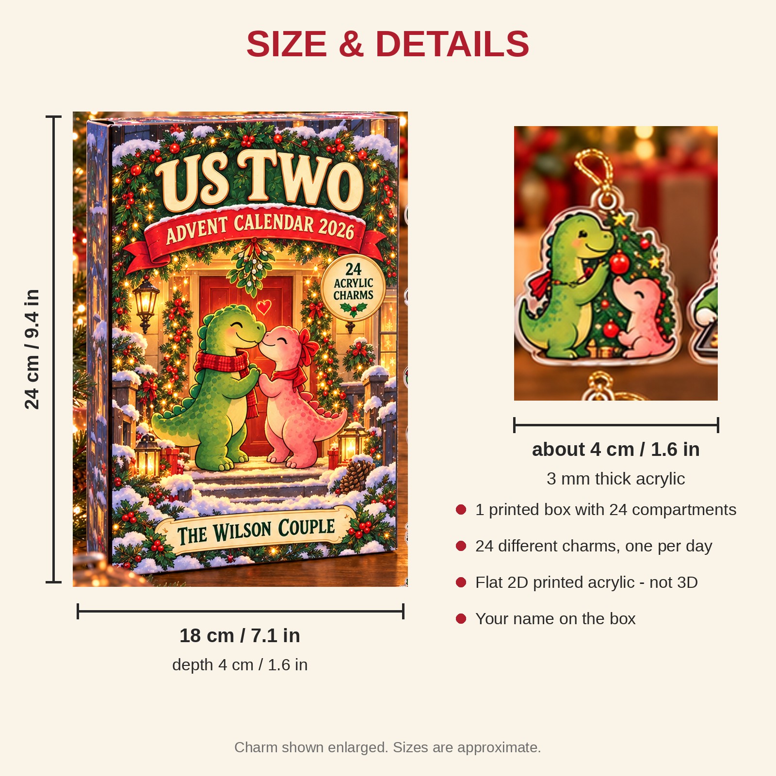 Personalized Dinosaur Couple advent calendar box with 24 flat acrylic Christmas charms: box and charm sizes