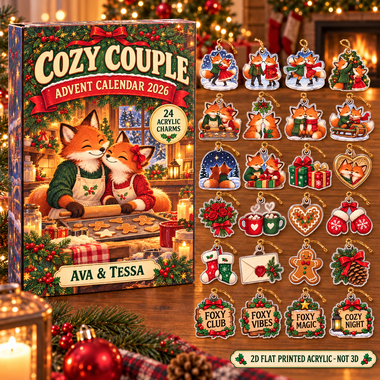 Personalized Fox Couple advent calendar box with 24 flat acrylic Christmas charms