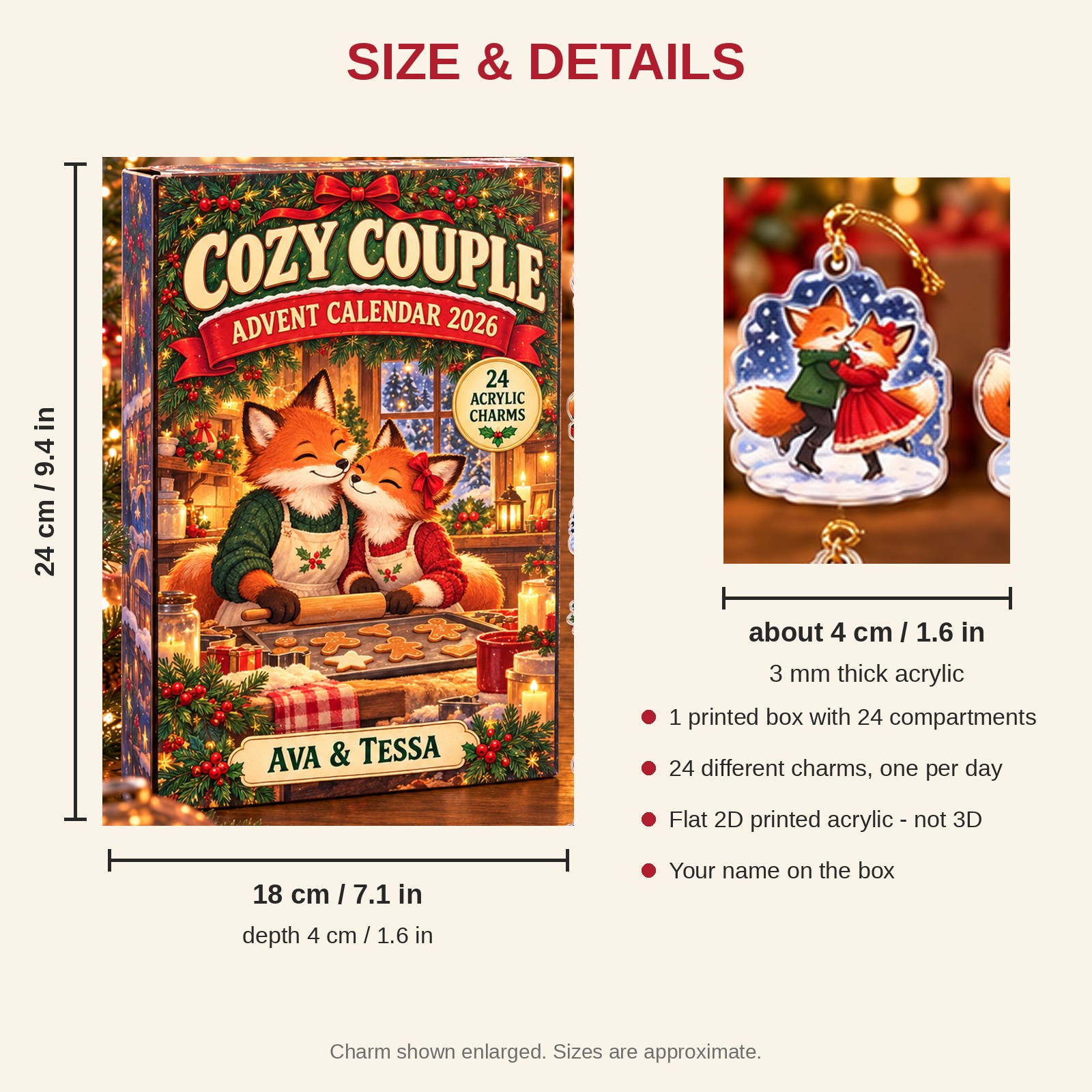 Personalized Fox Couple advent calendar box with 24 flat acrylic Christmas charms: box and charm sizes