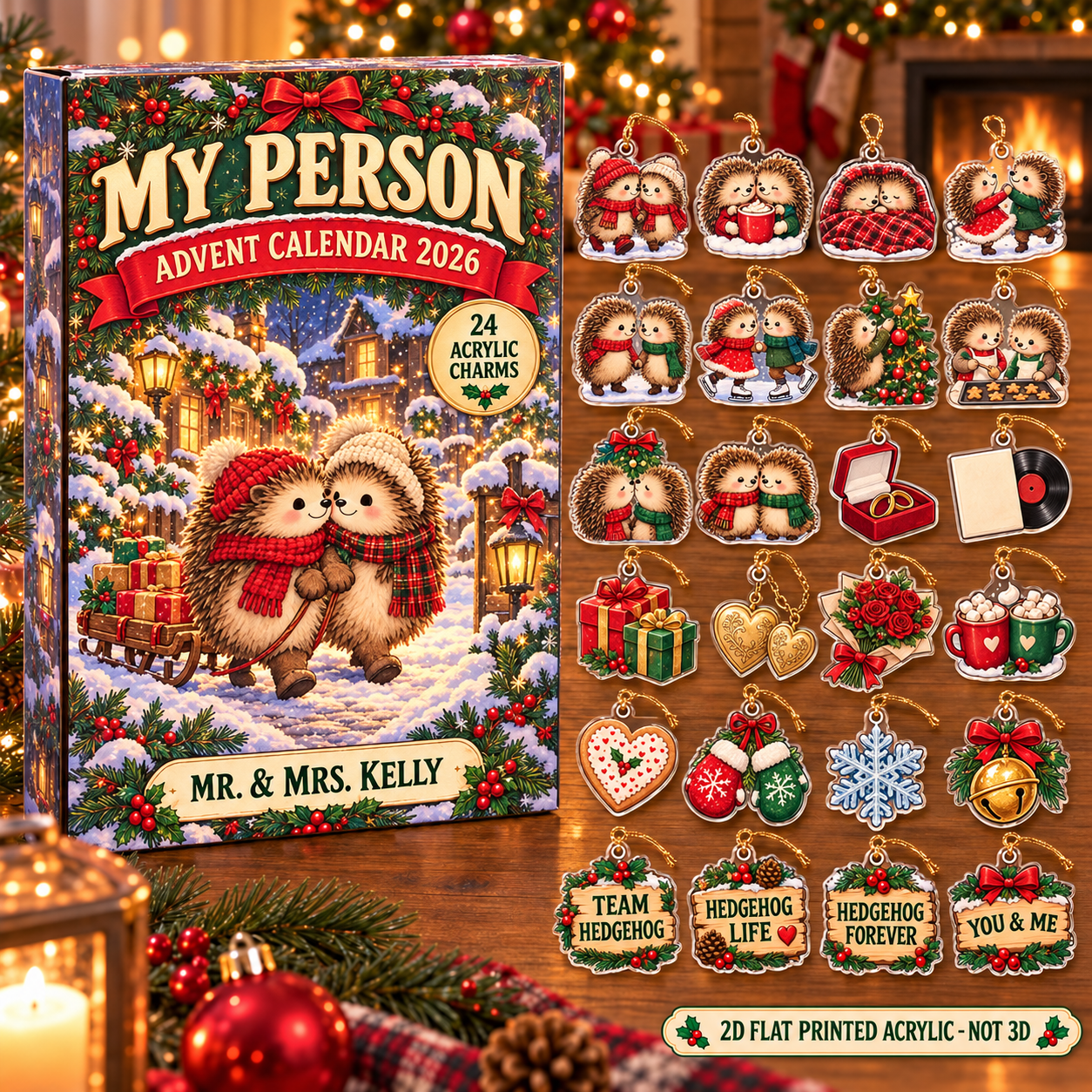 Personalized Hedgehog Couple advent calendar box with 24 flat acrylic Christmas charms