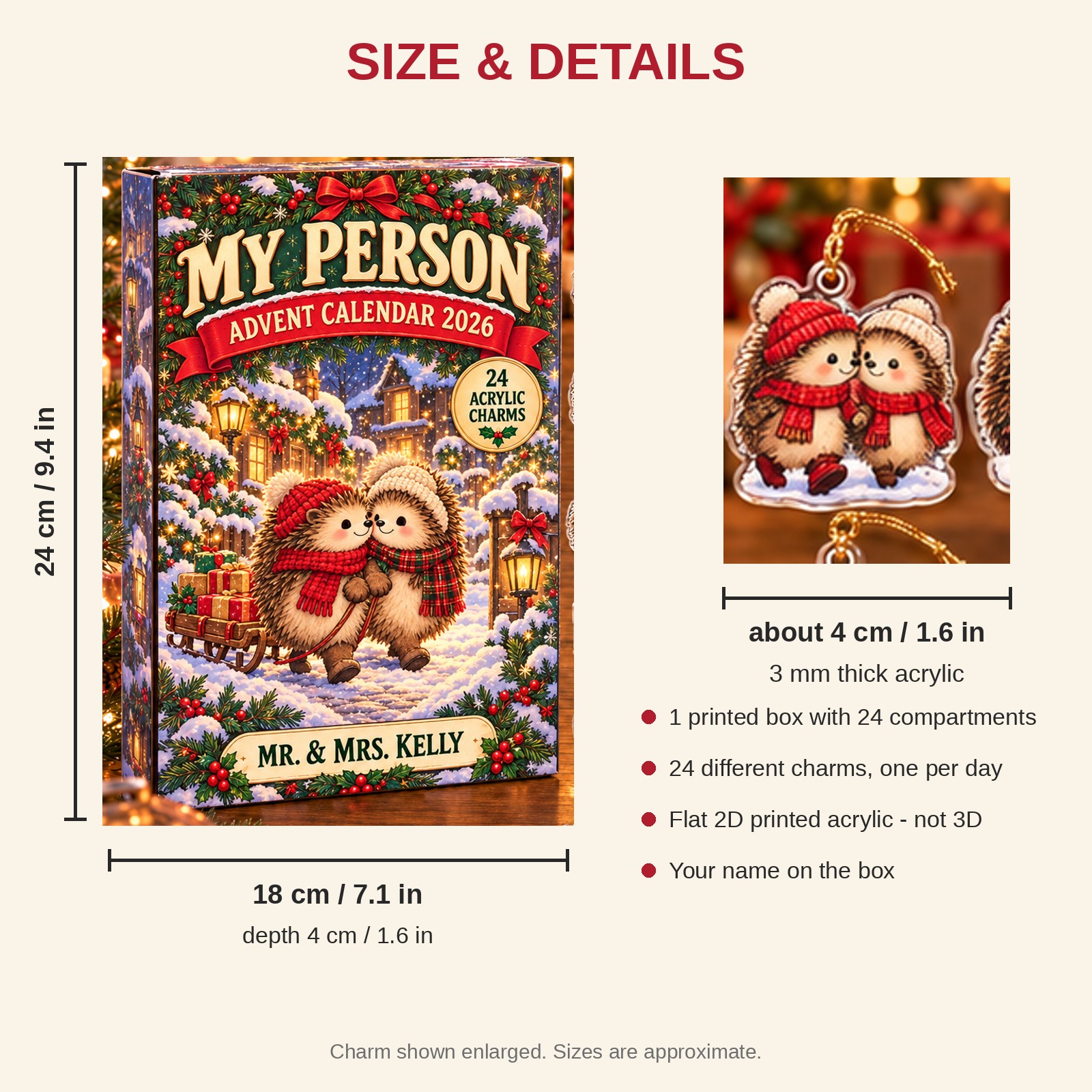 Personalized Hedgehog Couple advent calendar box with 24 flat acrylic Christmas charms: box and charm sizes