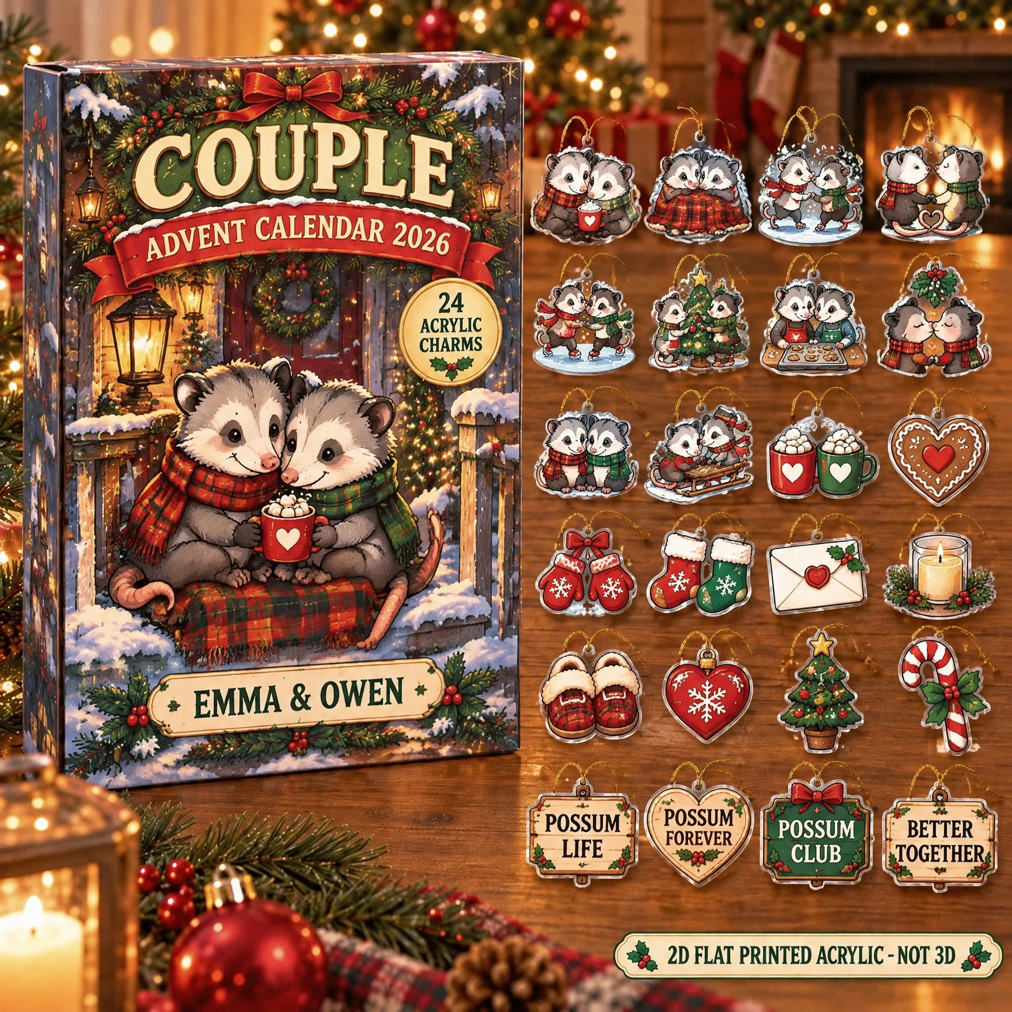 Personalized Opossum Couple advent calendar box with 24 flat acrylic Christmas charms