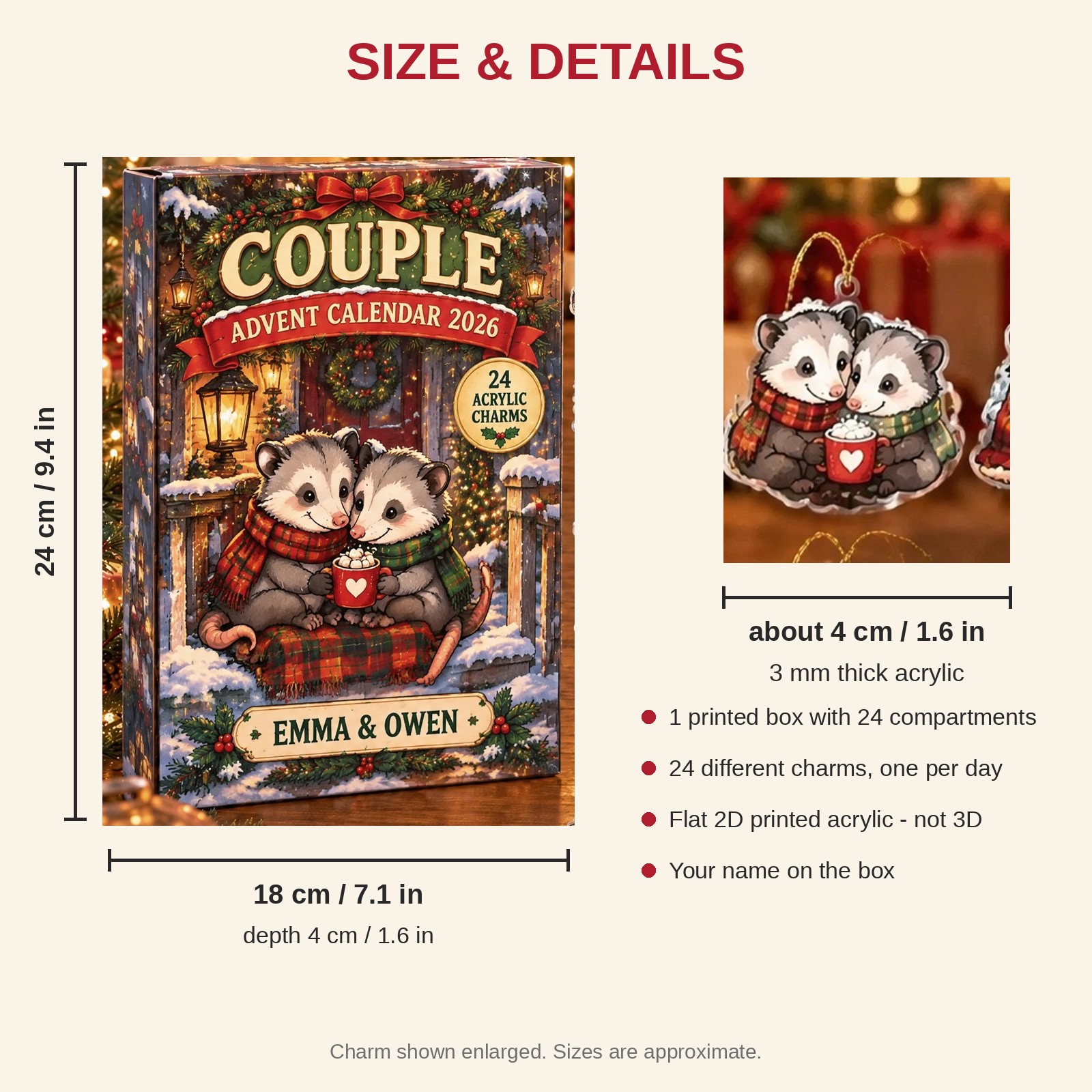 Personalized Opossum Couple advent calendar box with 24 flat acrylic Christmas charms: box and charm sizes