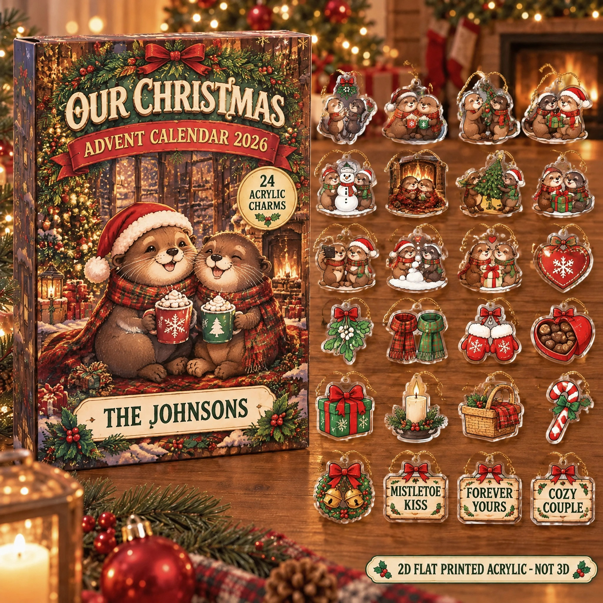 Personalized Couple Otter advent calendar box with 24 flat acrylic Christmas charms