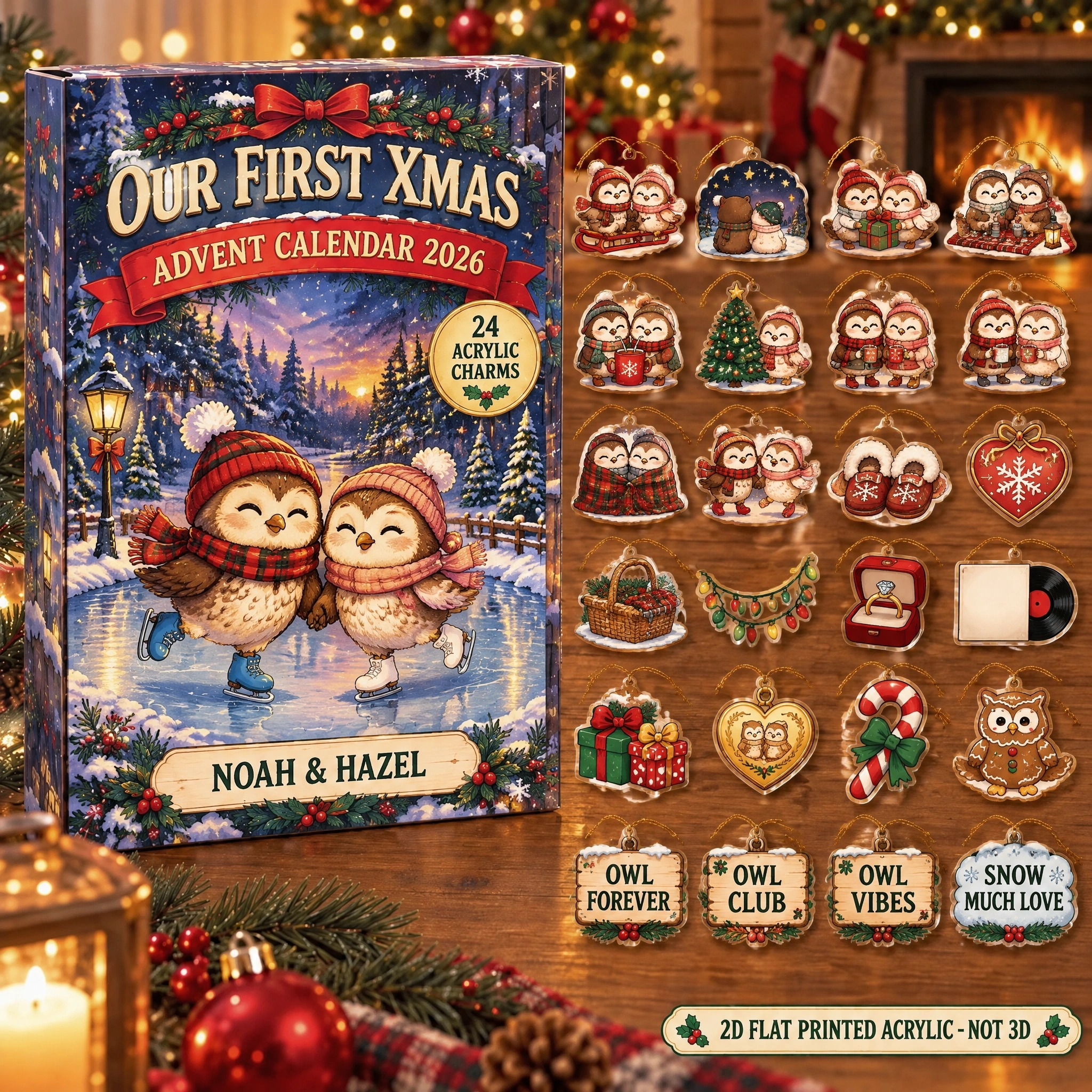 Personalized Owl Couple advent calendar box with 24 flat acrylic Christmas charms