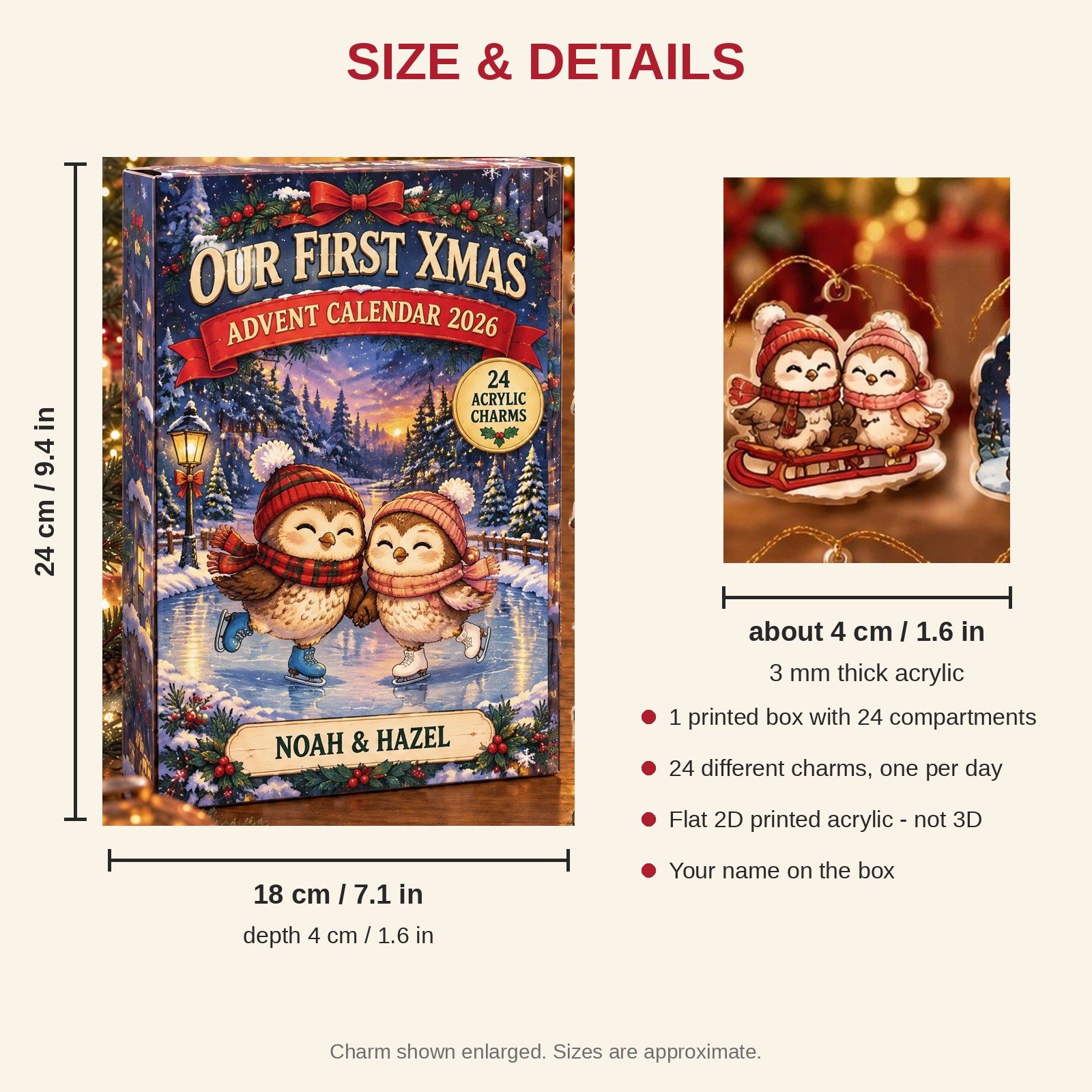 Personalized Owl Couple advent calendar box with 24 flat acrylic Christmas charms: box and charm sizes