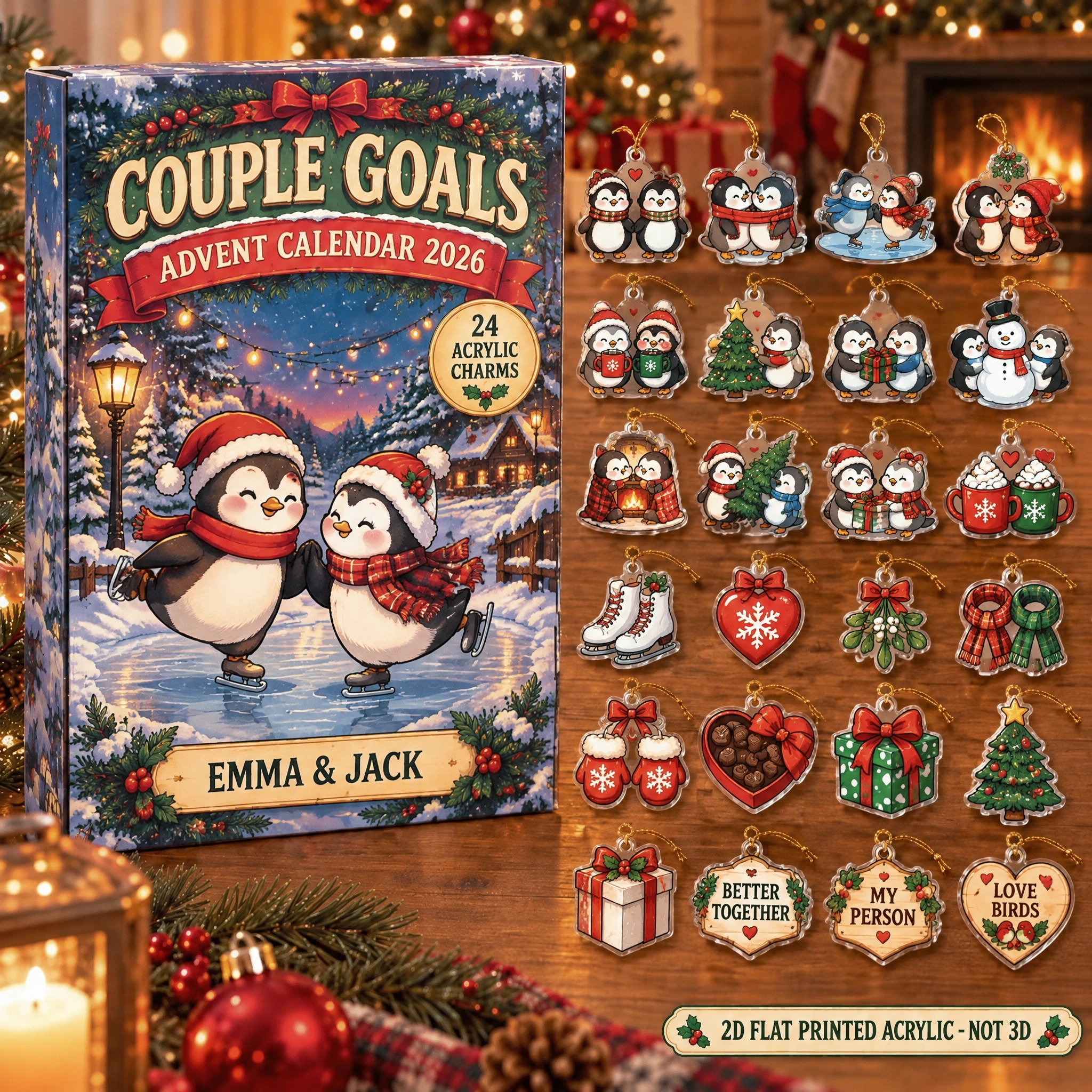 Personalized Couple Penguin advent calendar box with 24 flat acrylic Christmas charms