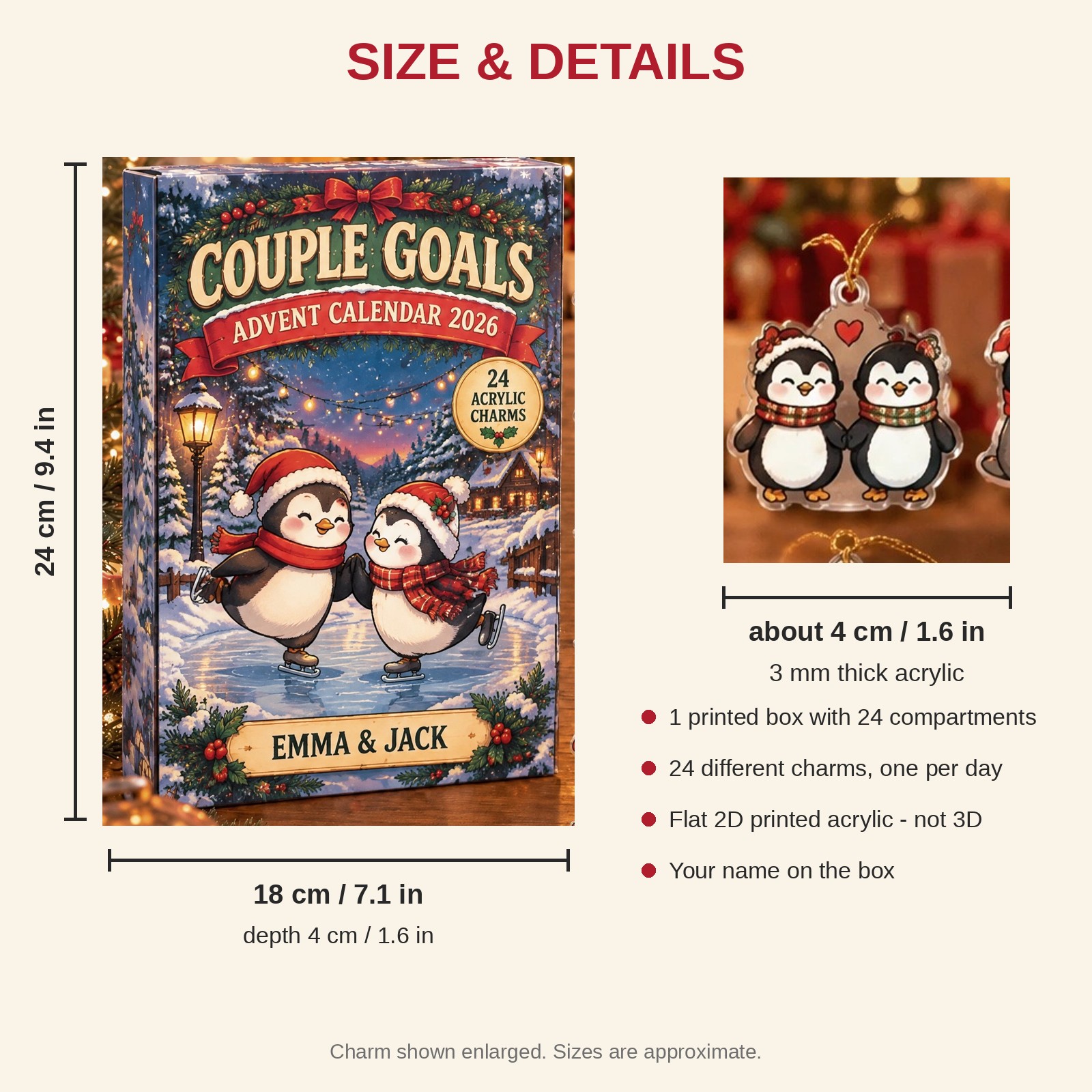 Personalized Couple Penguin advent calendar box with 24 flat acrylic Christmas charms: box and charm sizes