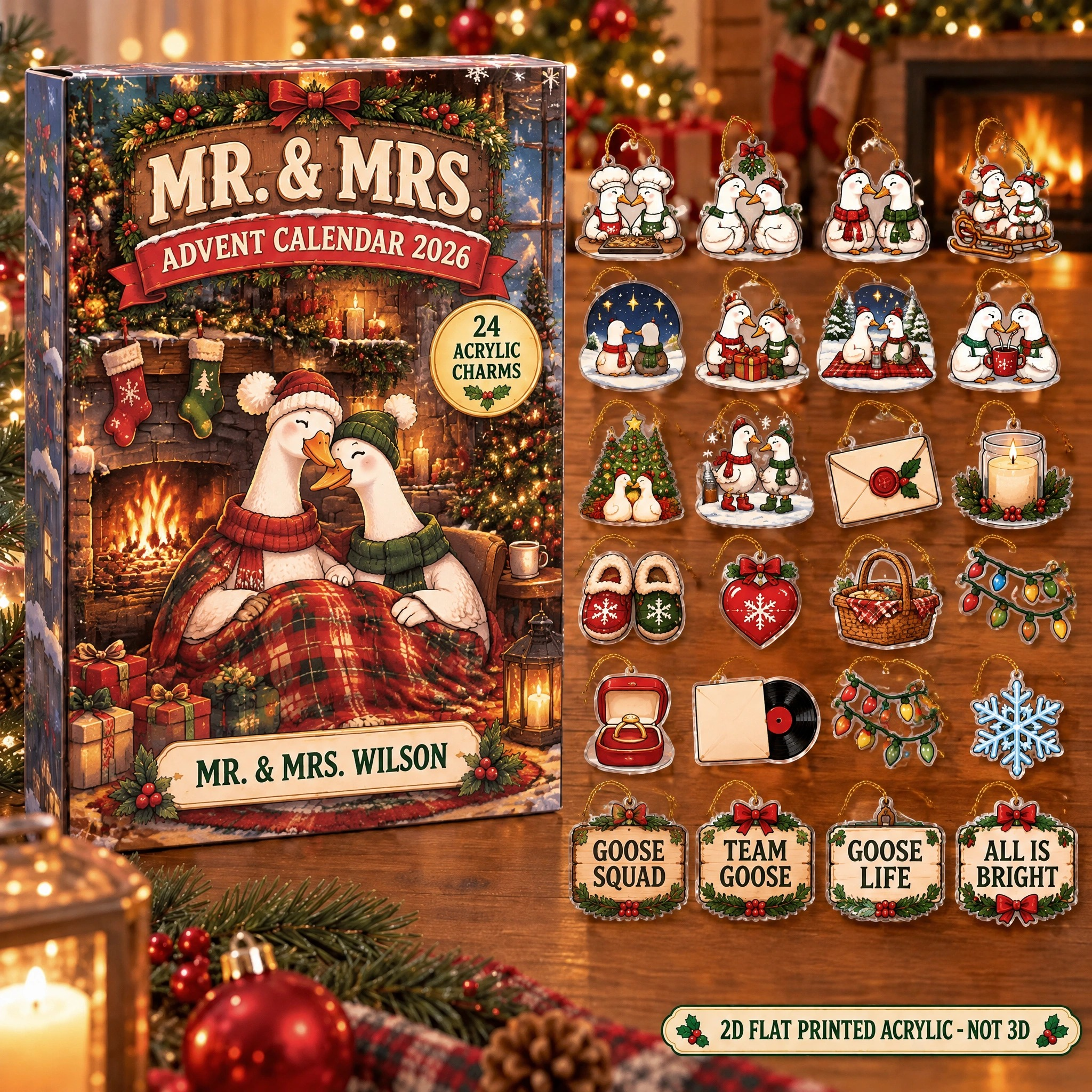 Personalized Silly Goose Couple advent calendar box with 24 flat acrylic Christmas charms