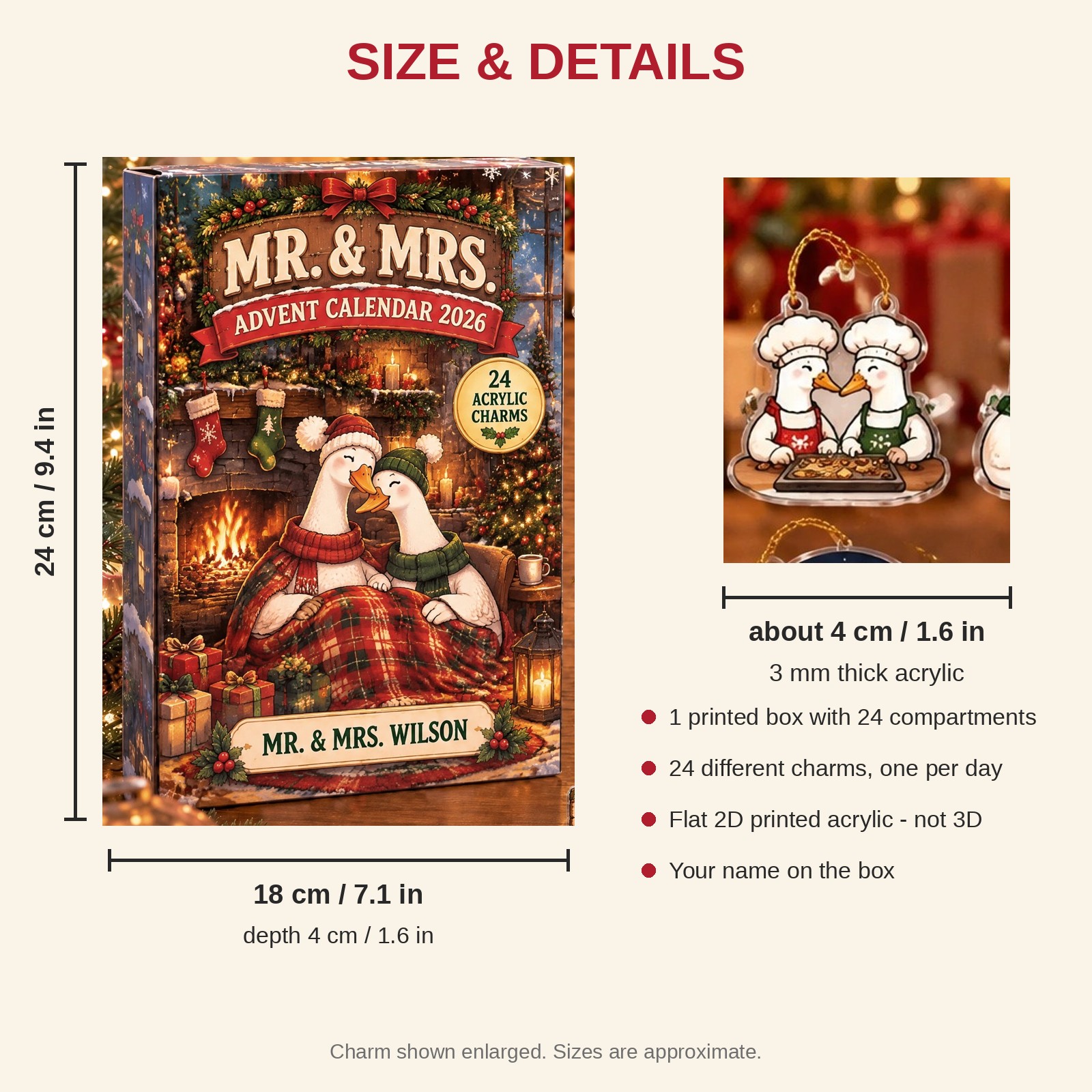 Personalized Silly Goose Couple advent calendar box with 24 flat acrylic Christmas charms: box and charm sizes