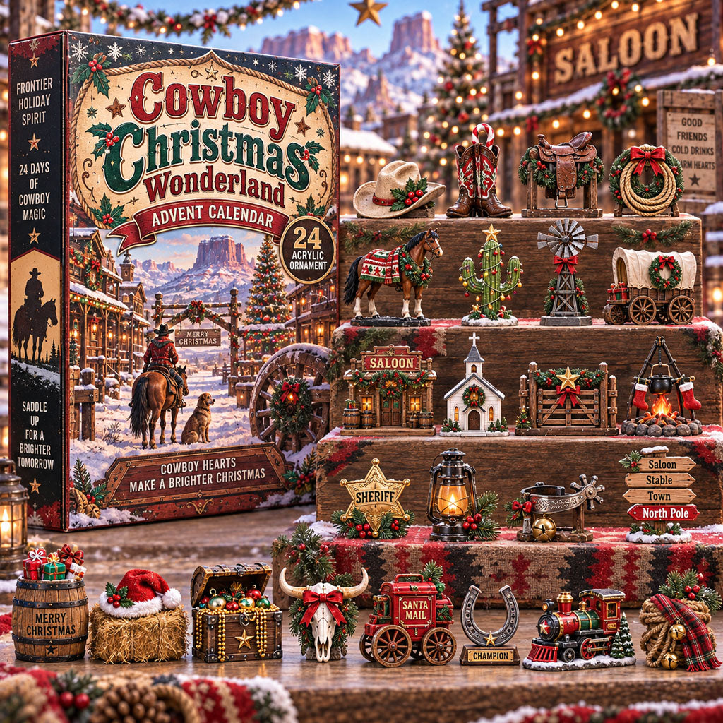 Cowboy Christmas Wonderland advent calendar box with 24 acrylic Christmas charms