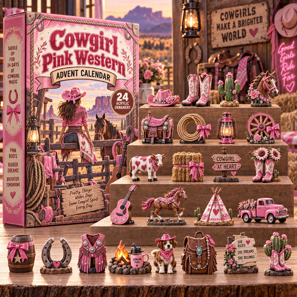 Cowgirl Pink Western advent calendar box with 24 acrylic Christmas charms