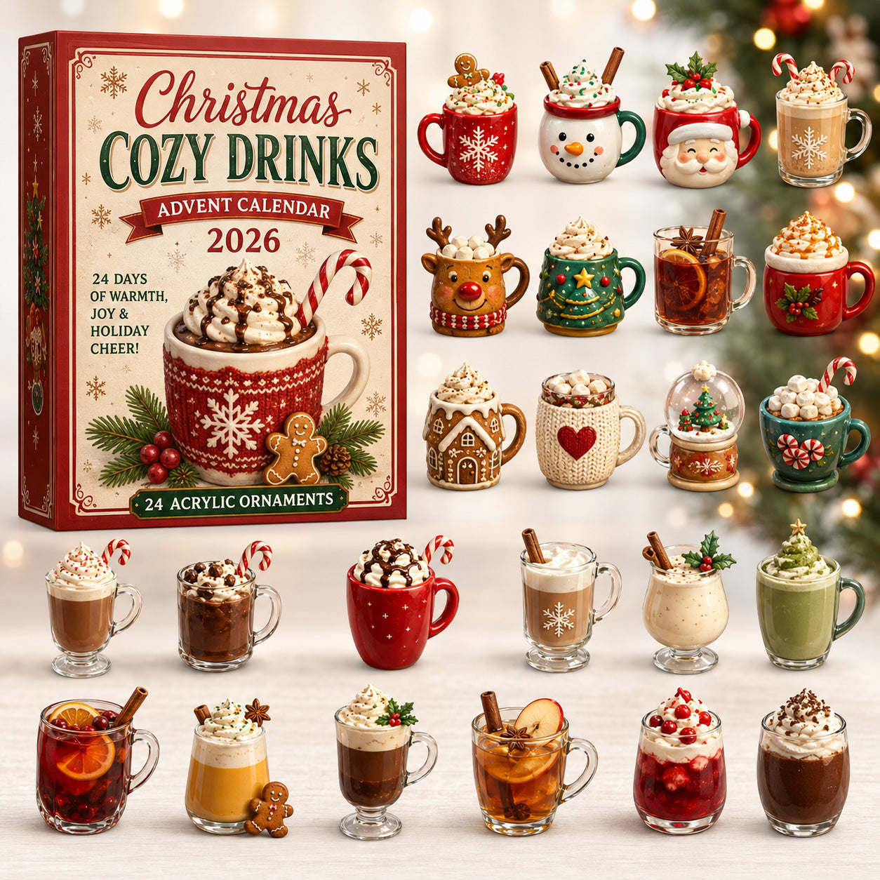 Cozy Drinks advent calendar box with 24 acrylic Christmas charms