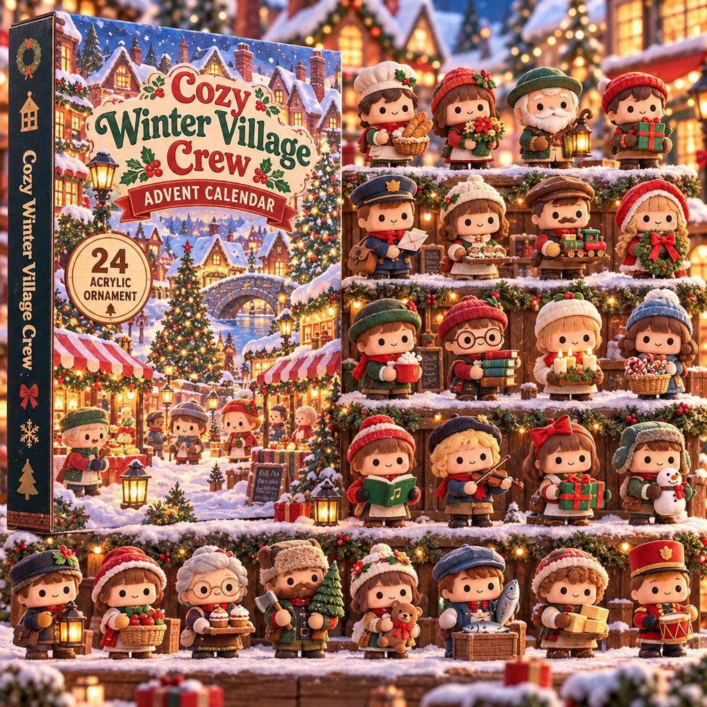 Cozy Winter Village Crew advent calendar box with 24 acrylic Christmas charms