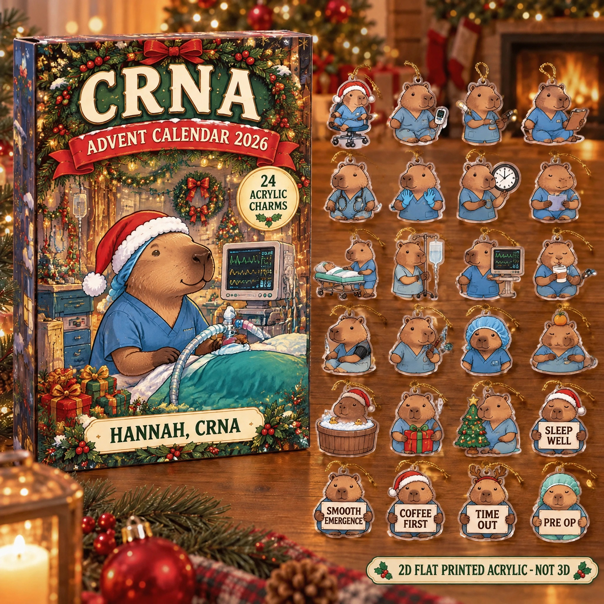 Personalized CRNA Capybara advent calendar box with 24 flat acrylic Christmas charms