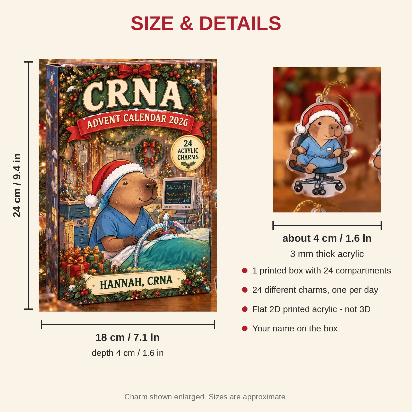 Personalized CRNA Capybara advent calendar box with 24 flat acrylic Christmas charms: box and charm sizes