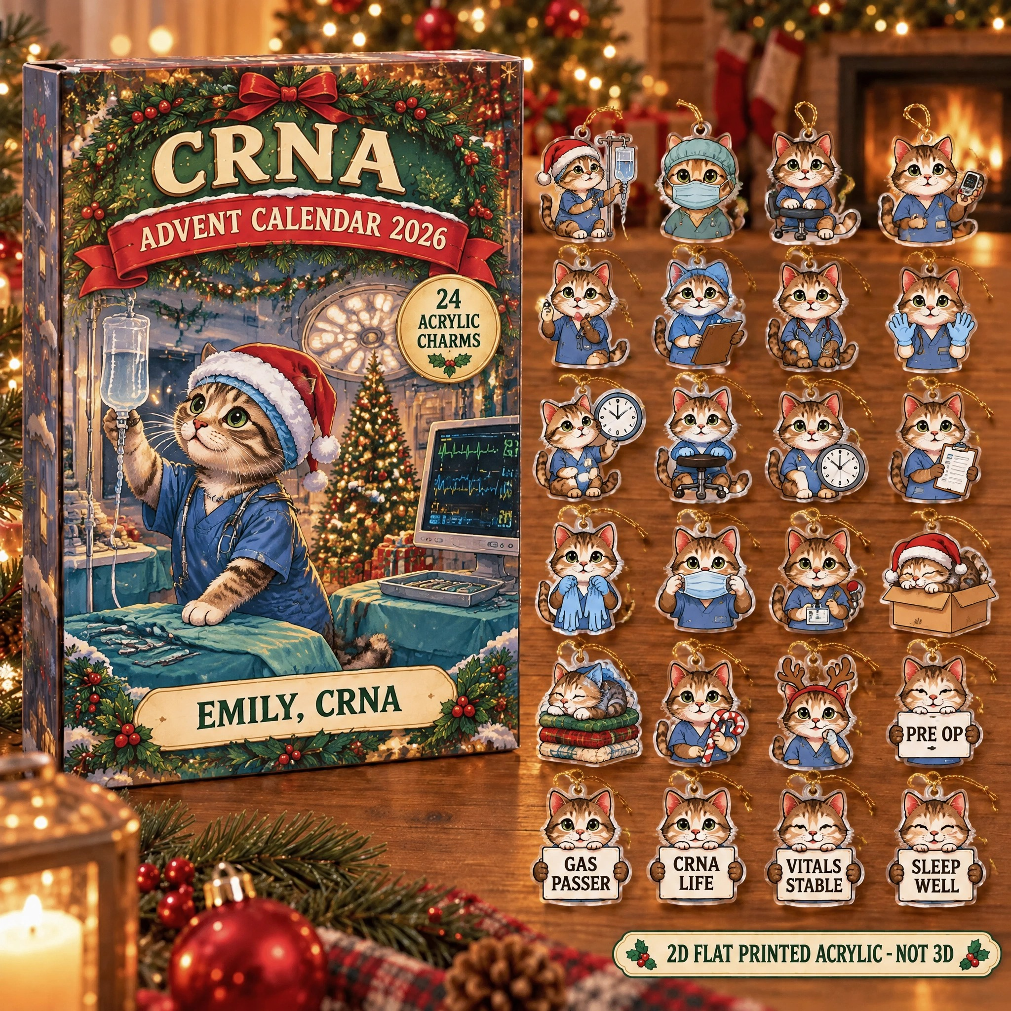 Personalized CRNA Cat advent calendar box with 24 flat acrylic Christmas charms