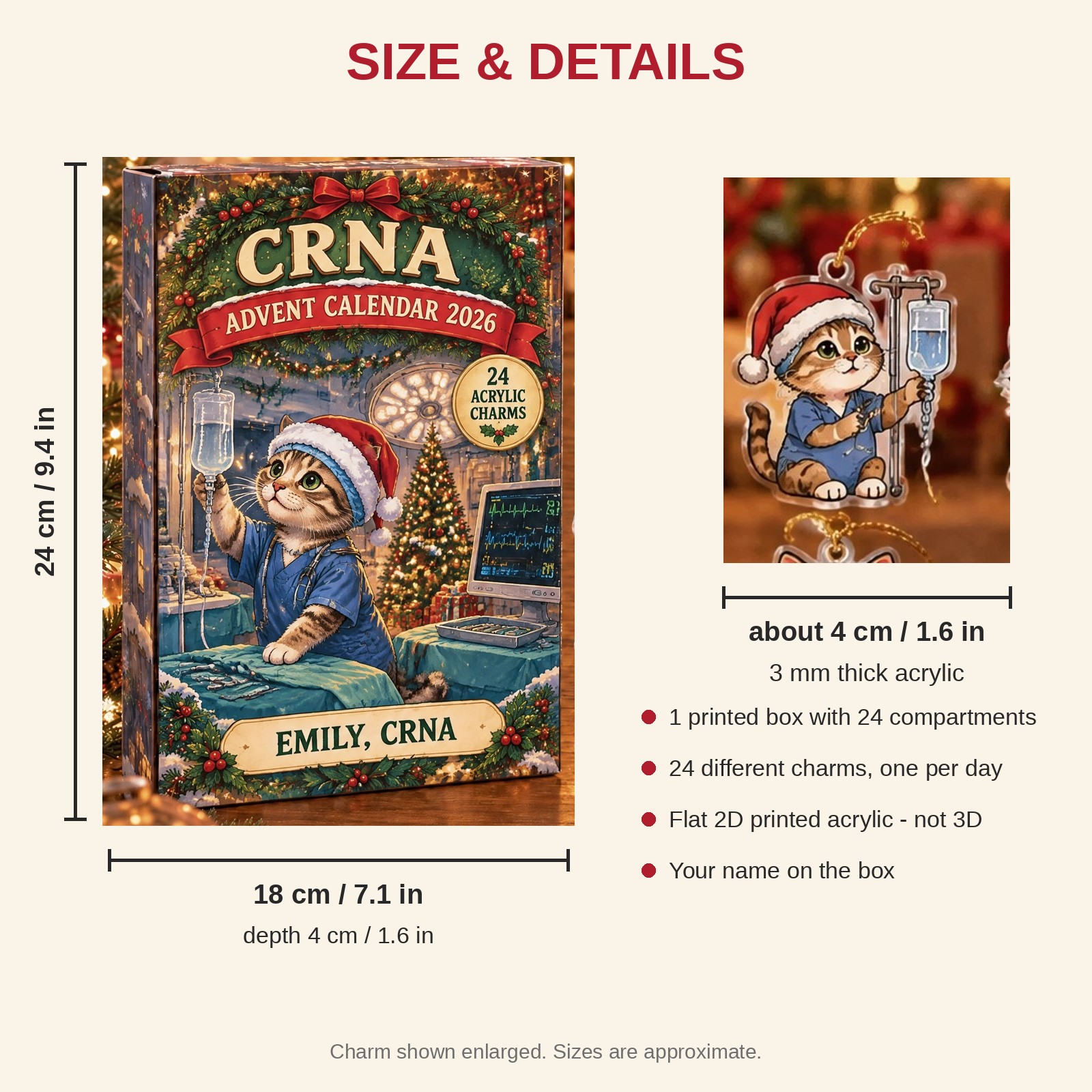 Personalized CRNA Cat advent calendar box with 24 flat acrylic Christmas charms: box and charm sizes